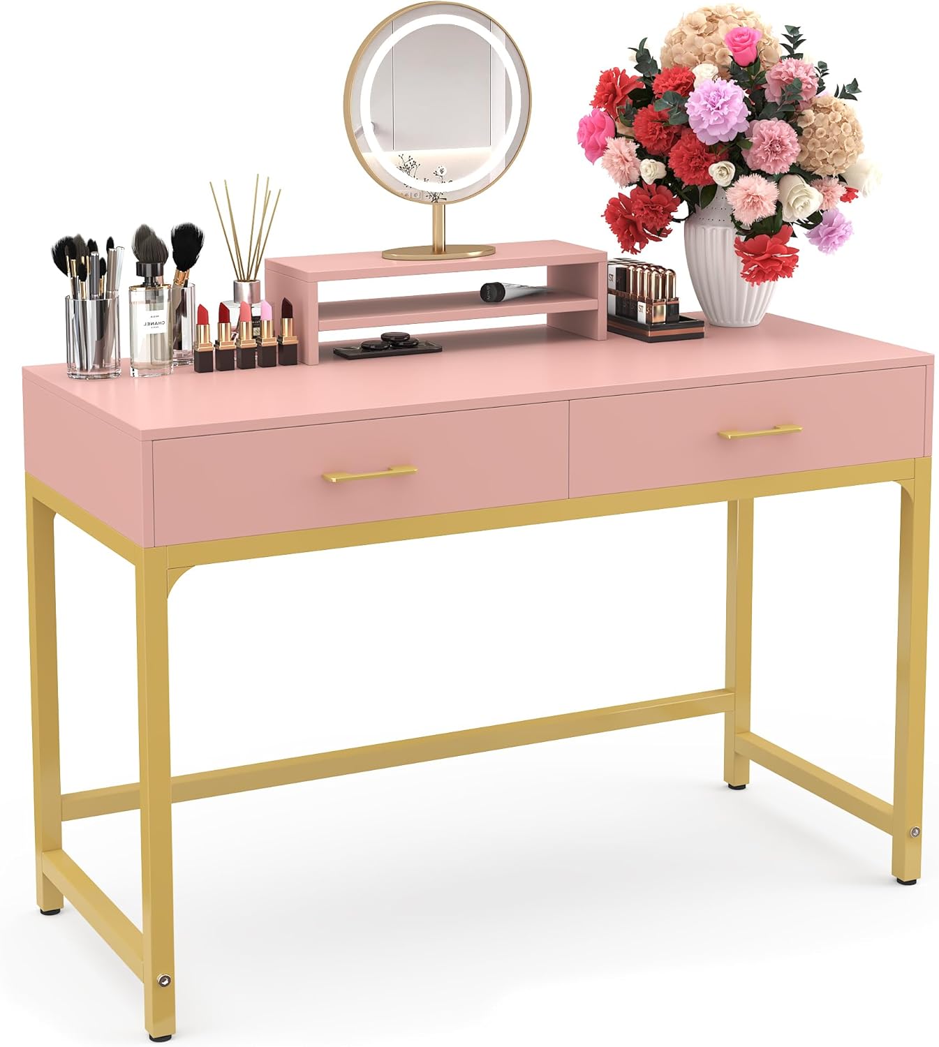 WESTREE Women Makeup Vanity Desk with 2 Drawers - Bedroom Home Office Desk, Wooden Height Monitor Stand & Storage Shelf Without Mirror, Pink Table Great Gift for Her