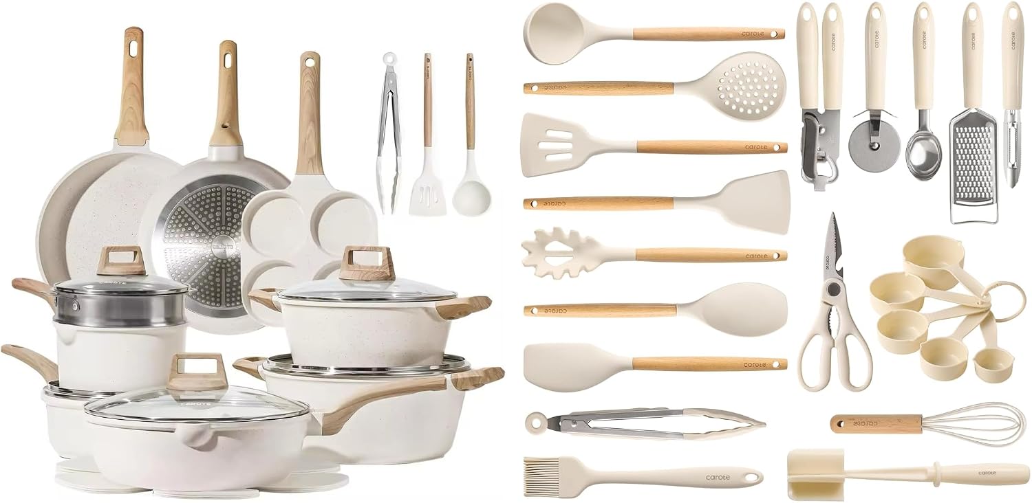 CAROTE 43pcs Cookware Utensil Set, Nonstick Cookware Sets, 446°F Heat Resistant Kitchen Utensils Gadgets Set