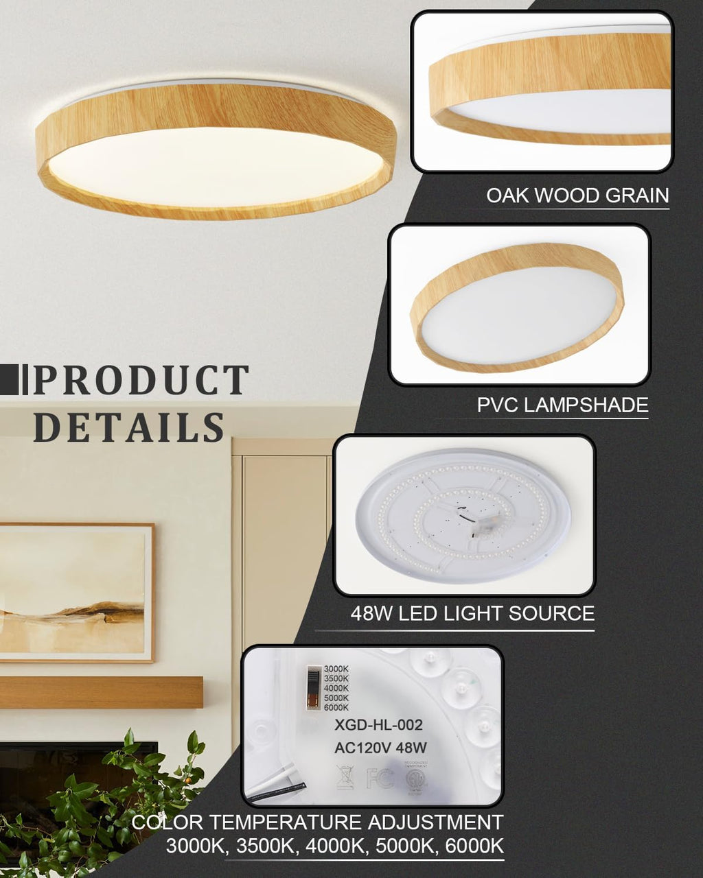 ANYLOVE 19 inch LED Flush Mount Ceiling Light Fixture,3000K 4000K 5000K Adjustable Ceiling Lights, Farmhouse Oak Wood Grain Ceiling Light for Bedroom Hallway Bathroom Kitchen