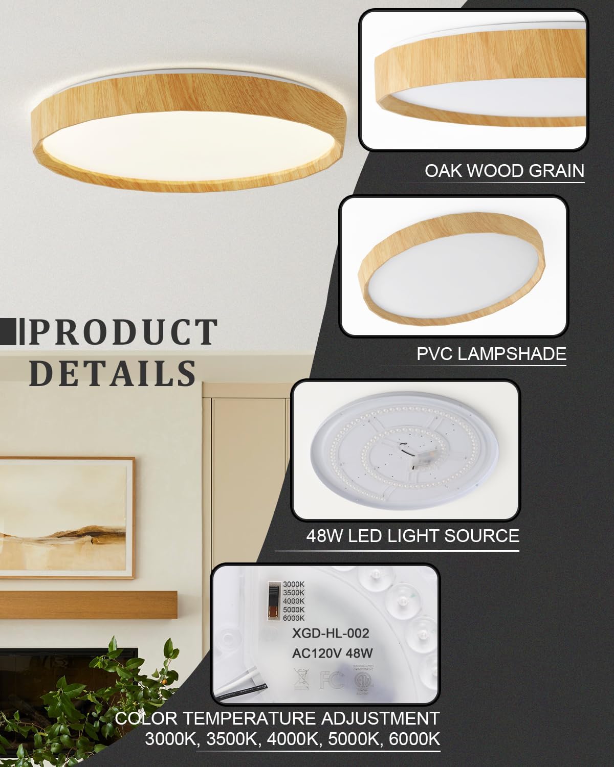 ANYLOVE 19 inch LED Flush Mount Ceiling Light Fixture,3000K 4000K 5000K Adjustable Ceiling Lights, Farmhouse Oak Wood Grain Ceiling Light for Bedroom Hallway Bathroom Kitchen