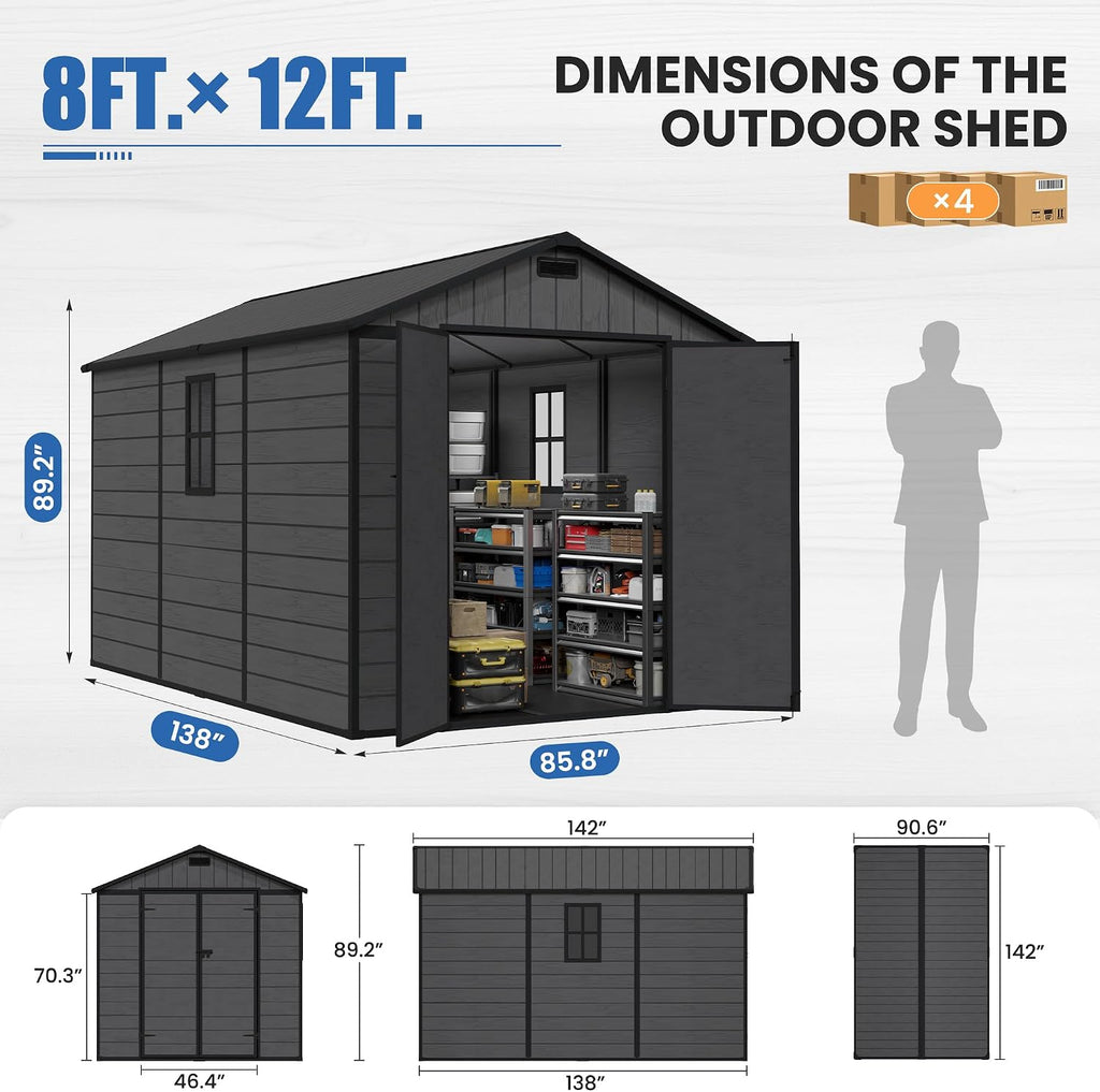 Amopatio 8X12 FT Resin Storage Shed with Floor Included, Plastic Outdoor Shed with Lockable Door, Window & Vents, for Lawnmower, Garden Tools, Pool Supplies, Dark Grey