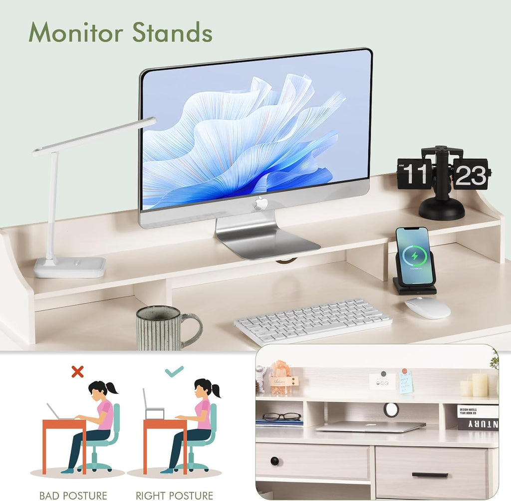 Catrimown Computer Desk with Drawers and Hutch, Farmhouse Home Office Desk, Wood Student Desk with File Drawer for Bedroom, Writing Table for Small Space, Warm White