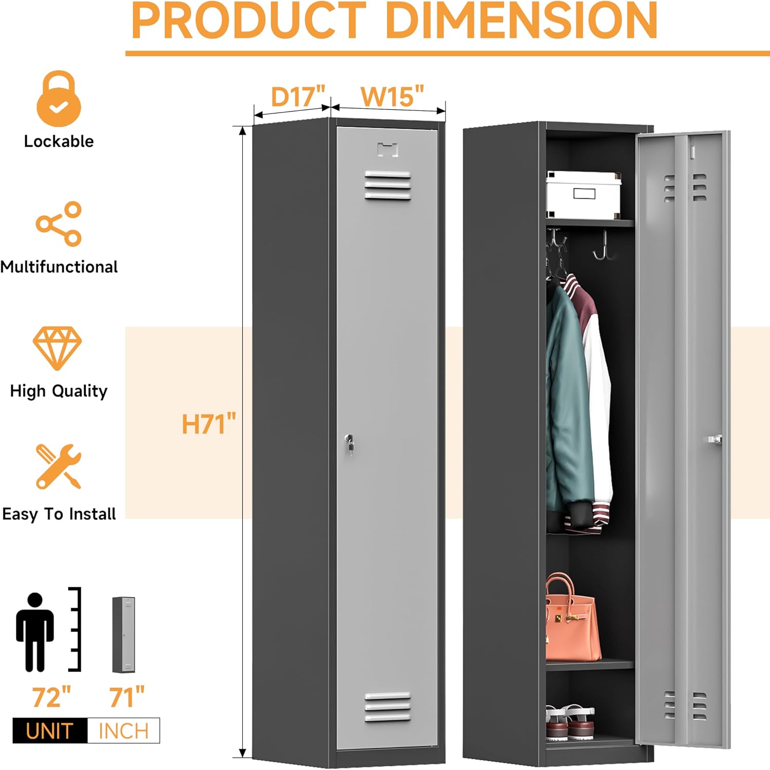 Bestoo Metal Armoire Wardrobe Closet with Locking Doors 71' Tall Narrow Steel Locking Storage Cabinet with 1 Lockable Door and Hooks for Employees, Gym, School, Home and Office (Black Gray)