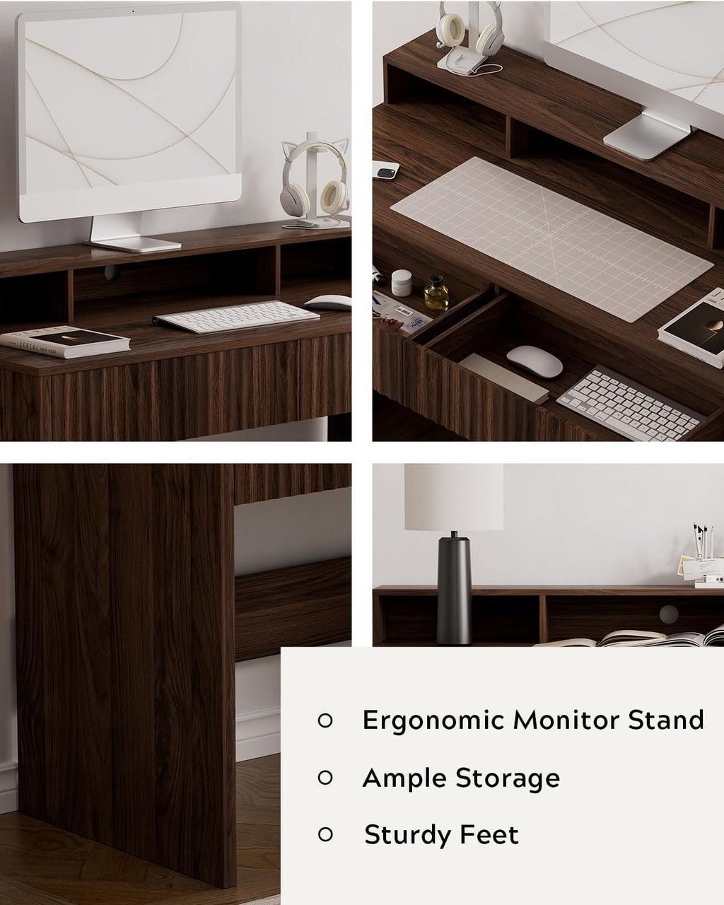 47' Executive Desk with Fluted Drawer, Modern Home Office Desk with Long Monitor Stand and 2 Drawers, Computer Writing Desk for Study Office Vanity, Brown