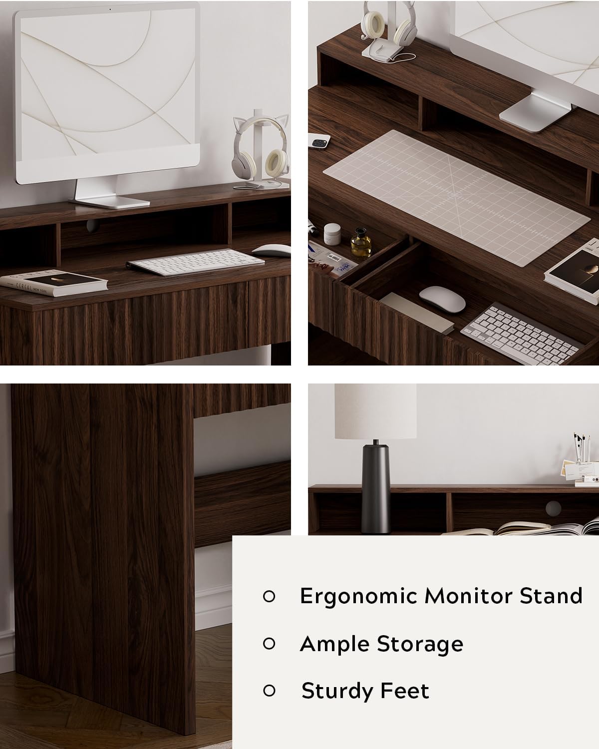 47' Executive Desk with Fluted Drawer, Modern Home Office Desk with Long Monitor Stand and 2 Drawers, Computer Writing Desk for Study Office Vanity, Brown