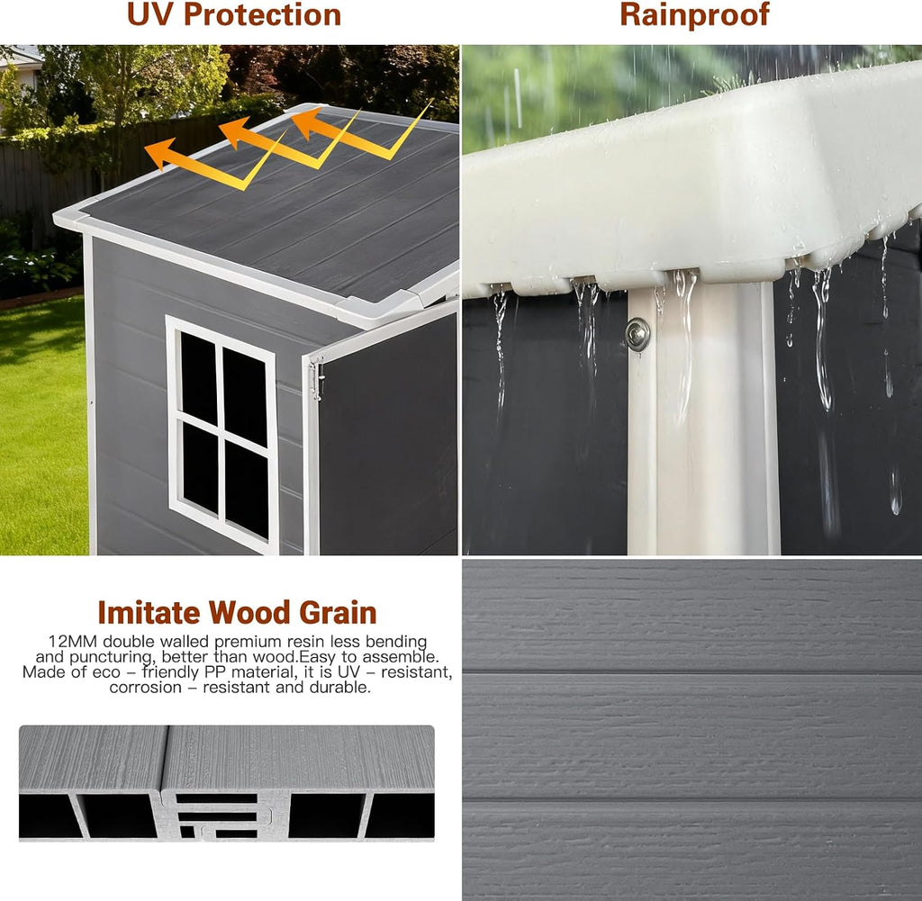 YOPTO 6x4 FT Plastic Storage Shed,Outdoor Storage Shed with Floor and Lockable Door,Waterproof Garden Shed W/Windows & Vents,Sloped Roof,Tool House for Storing Bicycles,Lawnmowers,Gray