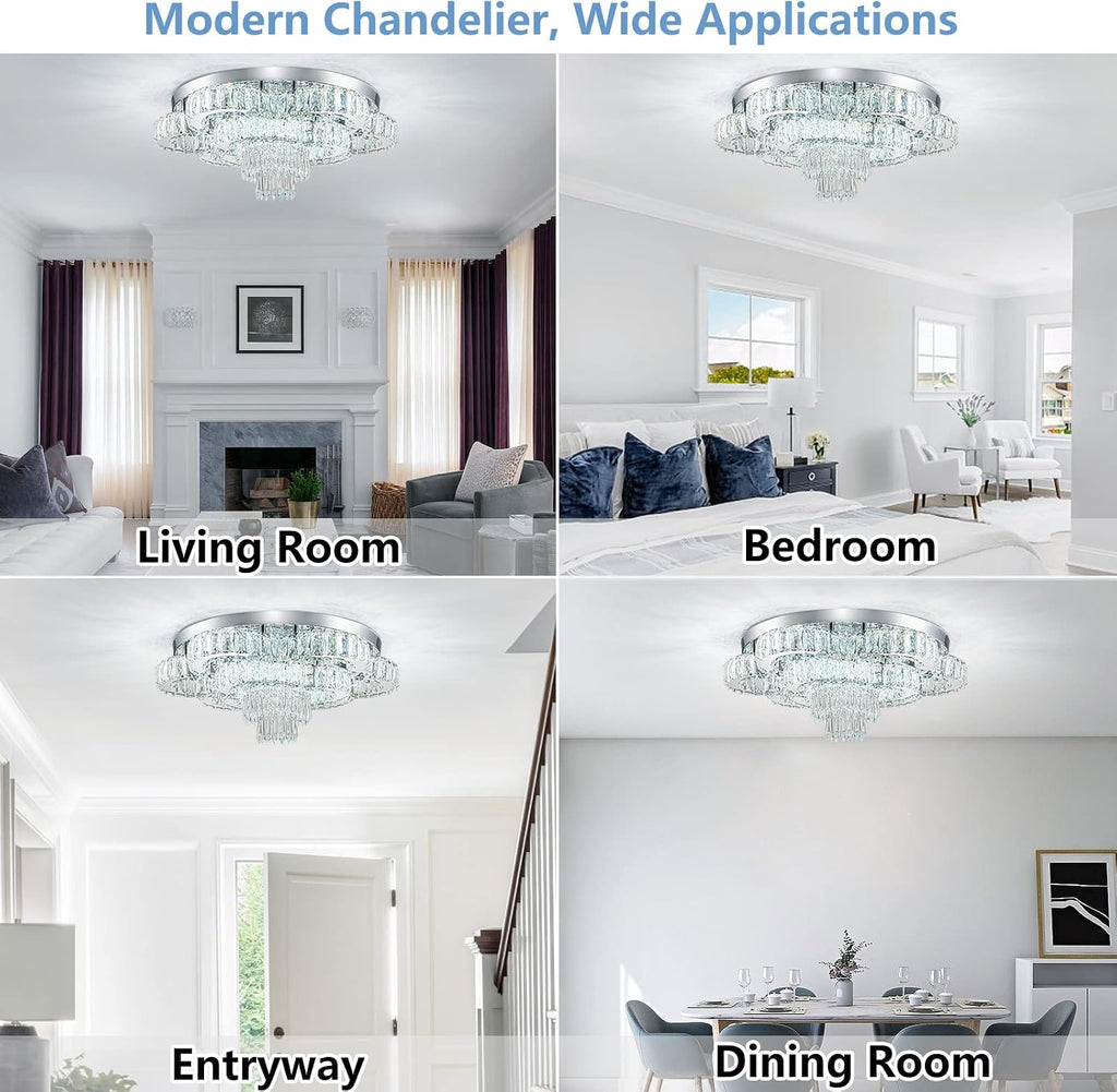 21 Inch Crystal Chandelier LED Flush Mount Ceiling Light Fixtures Luxury Chandeliers for Living Room Bathroom Bedroom Entrance Dining Room(Cool White)