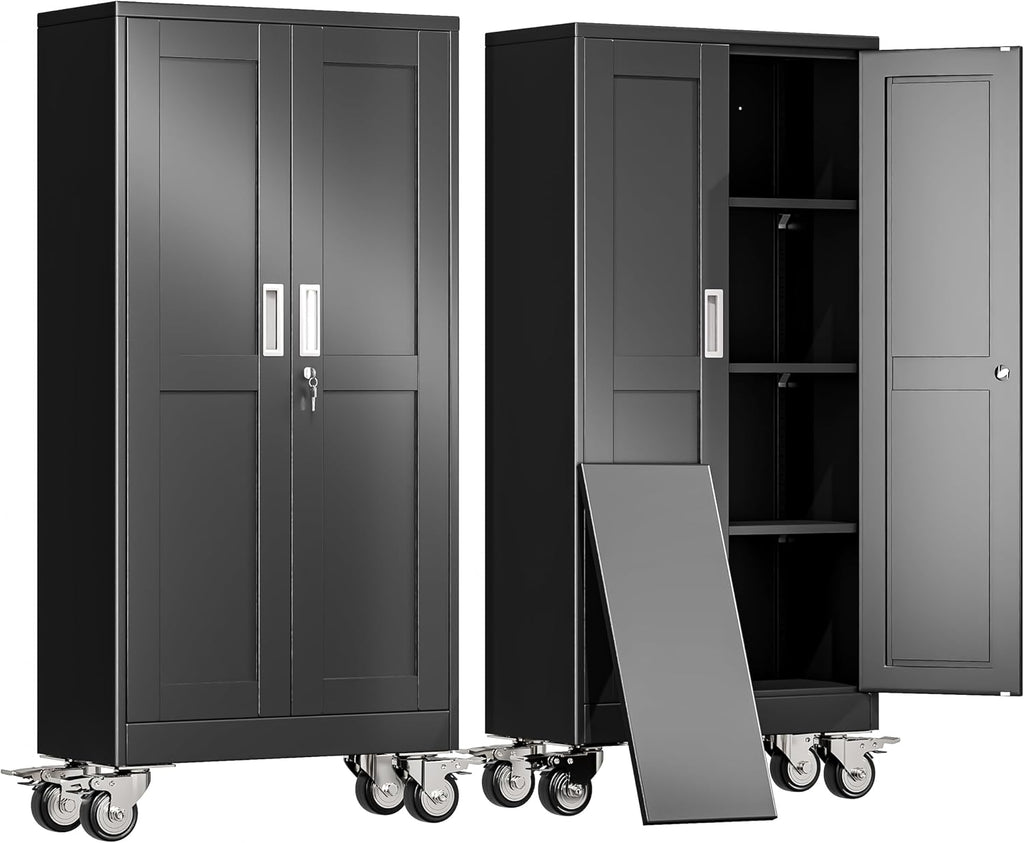 erosoei 61' H Metal Garage Storage Cabinet, Rolling Tool Cabinet with 2 Doors and Wheels, Locker Steel Cabinet with 3 Adjustable Shelves, Organization Cabinet for Garage,Office,Home,Gym,School（Black）