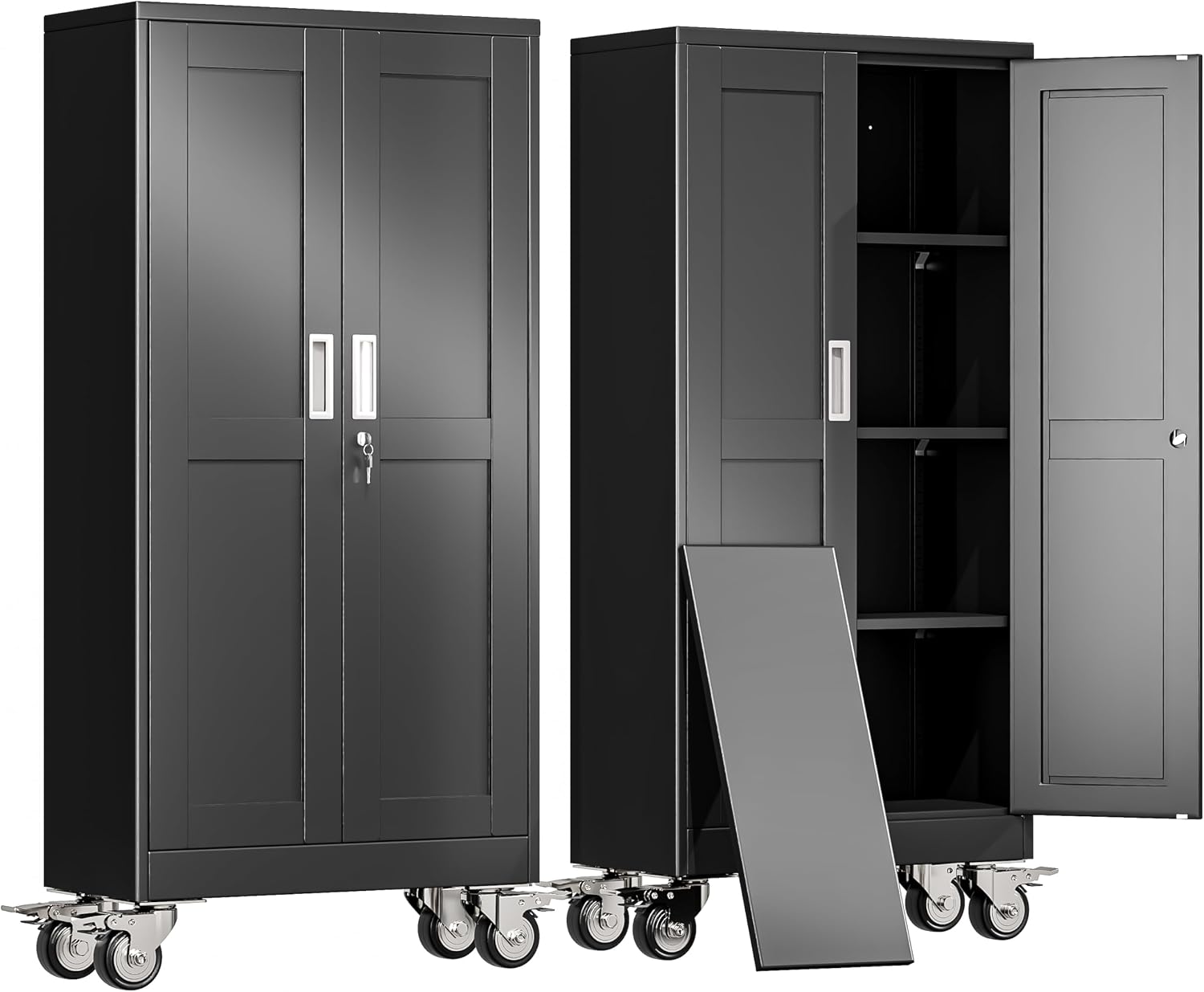 erosoei 61' H Metal Garage Storage Cabinet, Rolling Tool Cabinet with 2 Doors and Wheels, Locker Steel Cabinet with 3 Adjustable Shelves, Organization Cabinet for Garage,Office,Home,Gym,School（Black）