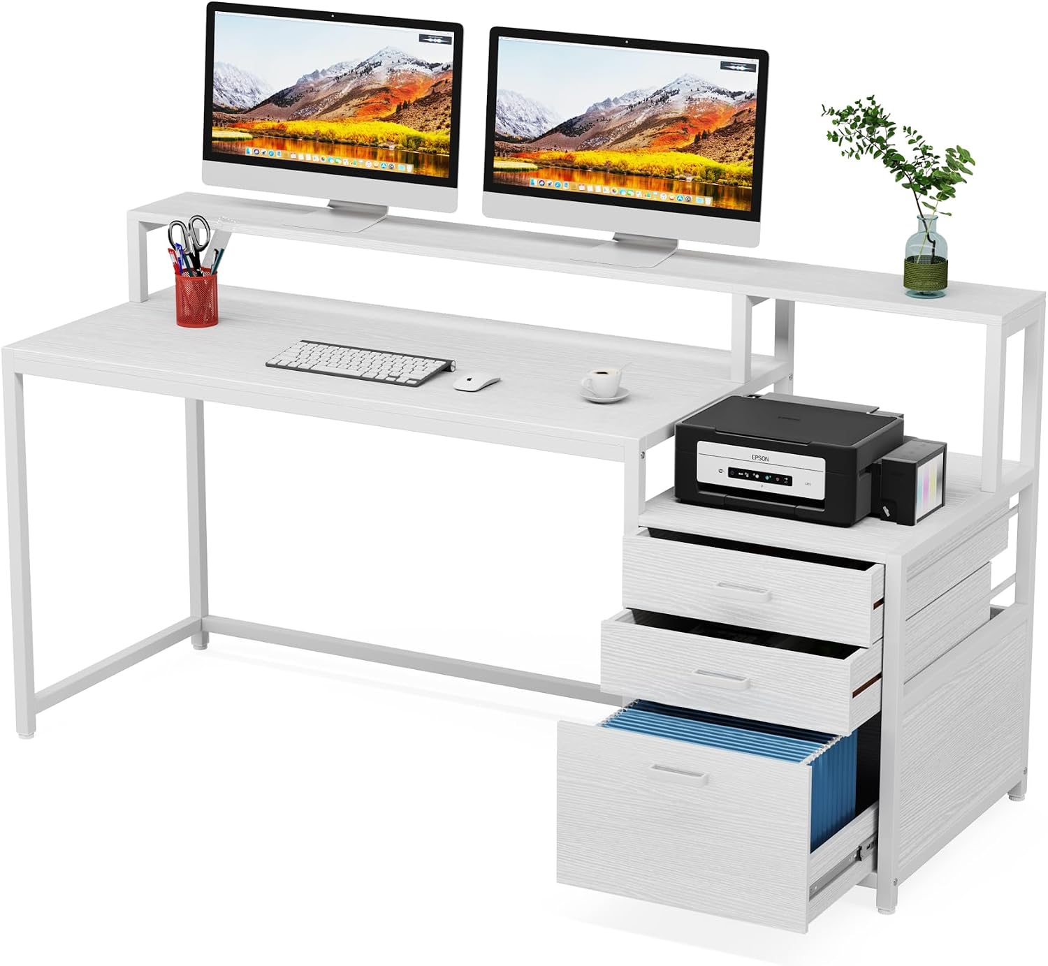 LITTLE TREE 63 Inch Computer Desk with File Drawer Cabinet, Home Office Desks with Ergonomic Monitor Stand