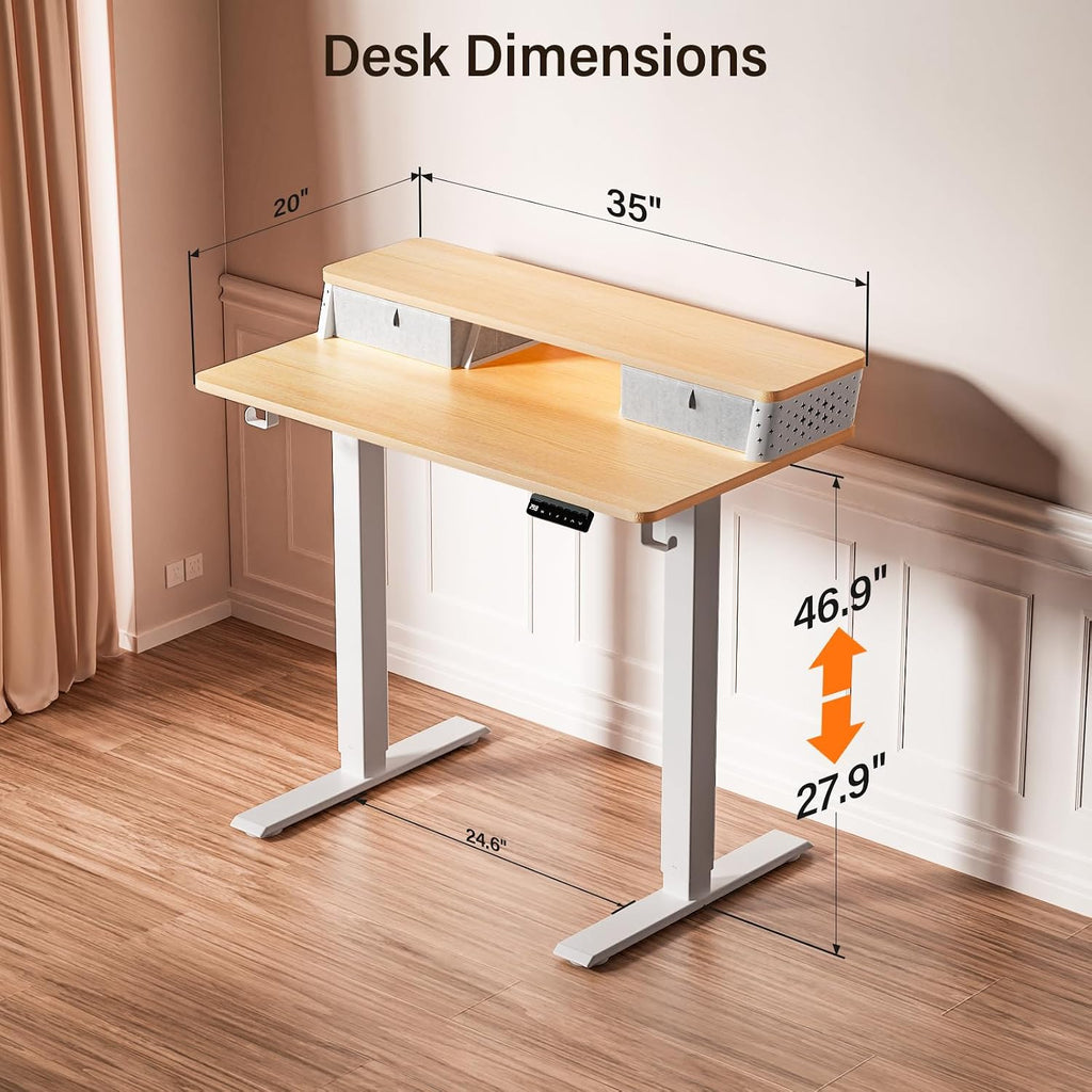 Kingant 35 x 20 Inch Small Electric Standing Desk with Dual Drawers, Height Adjustable Sit to Stand Computer Desk with Storage Shelf and C-Clamp Mount Compatibility for Home Office, Nature