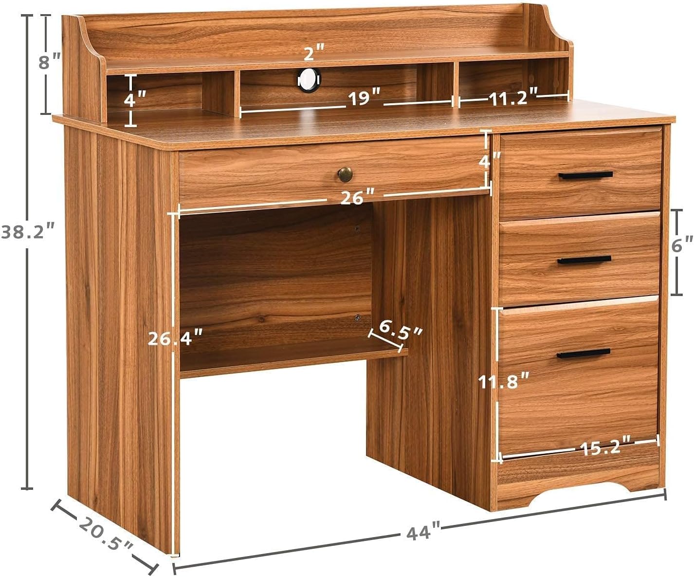 Catrimown Computer Desk with 4 Drawers and Hutch, Home Office Desk with File Drawer, 44' Rustic Oak Wood Desk, Study Table for Bedroom, Rustic Oak