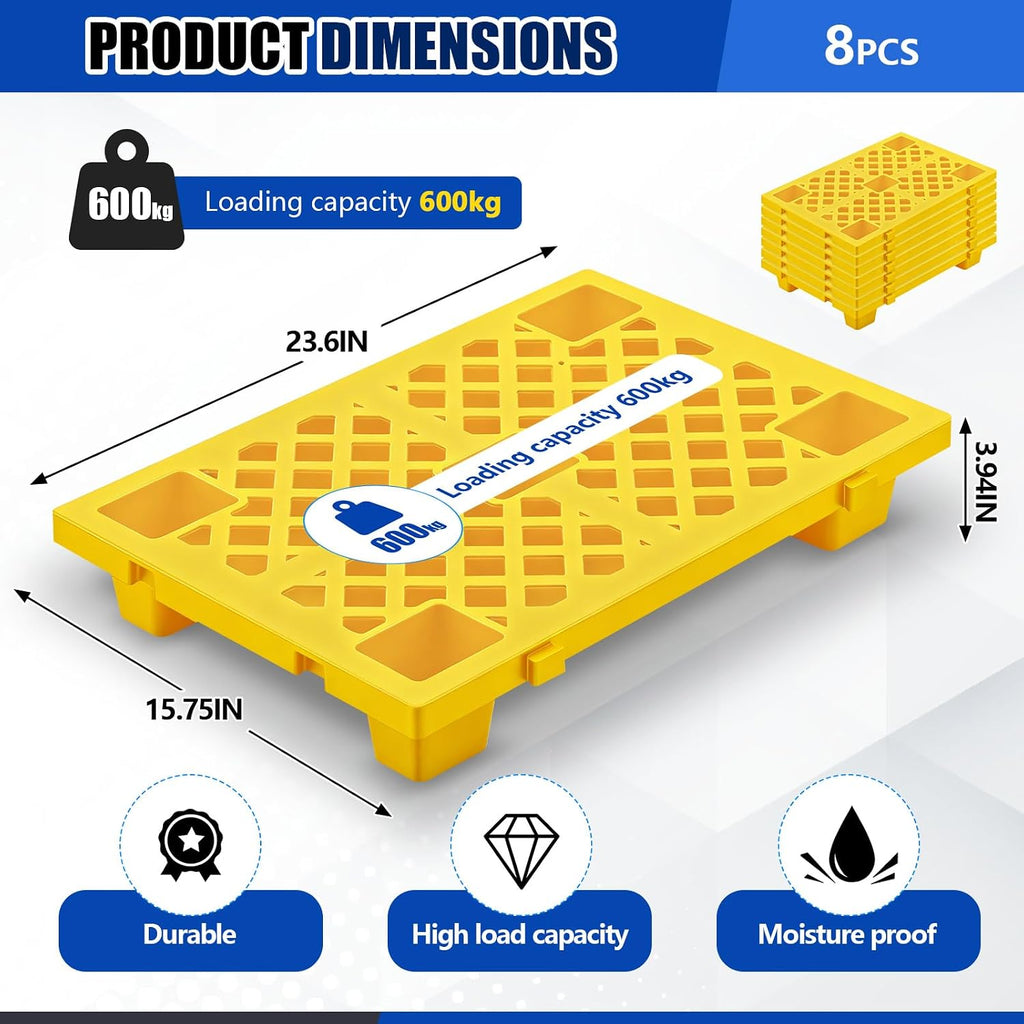 8 Pcs Plastic Pallets for Basement Storage Nestable Moisture Waterproof Lightweight Floor Pallets with Breathable Grid for Indoor Outdoor Supermarket Warehouse (23.6 x 15.8 x 3.9 Inch,Yellow)
