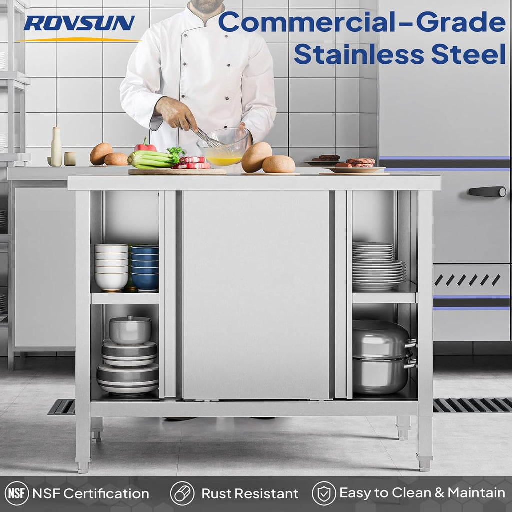 ROVSUN Stainless Steel Table with Cabinet 39 x 19 inches, NSF Commercial Heavy Duty Prep & Work Table with 2 Sliding Doors for Kitchen, Restaurant, Home, Hotel, Garage, Laundry