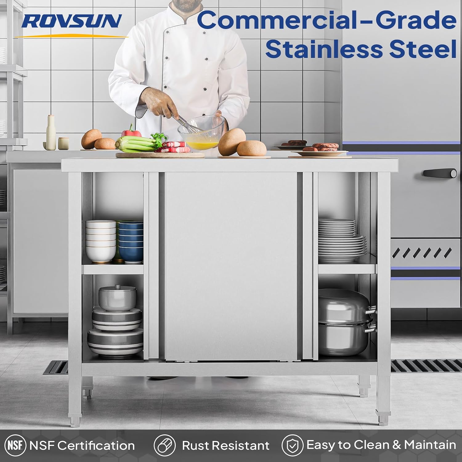 ROVSUN Stainless Steel Table with Cabinet 39 x 19 inches, NSF Commercial Heavy Duty Prep & Work Table with 2 Sliding Doors for Kitchen, Restaurant, Home, Hotel, Garage, Laundry