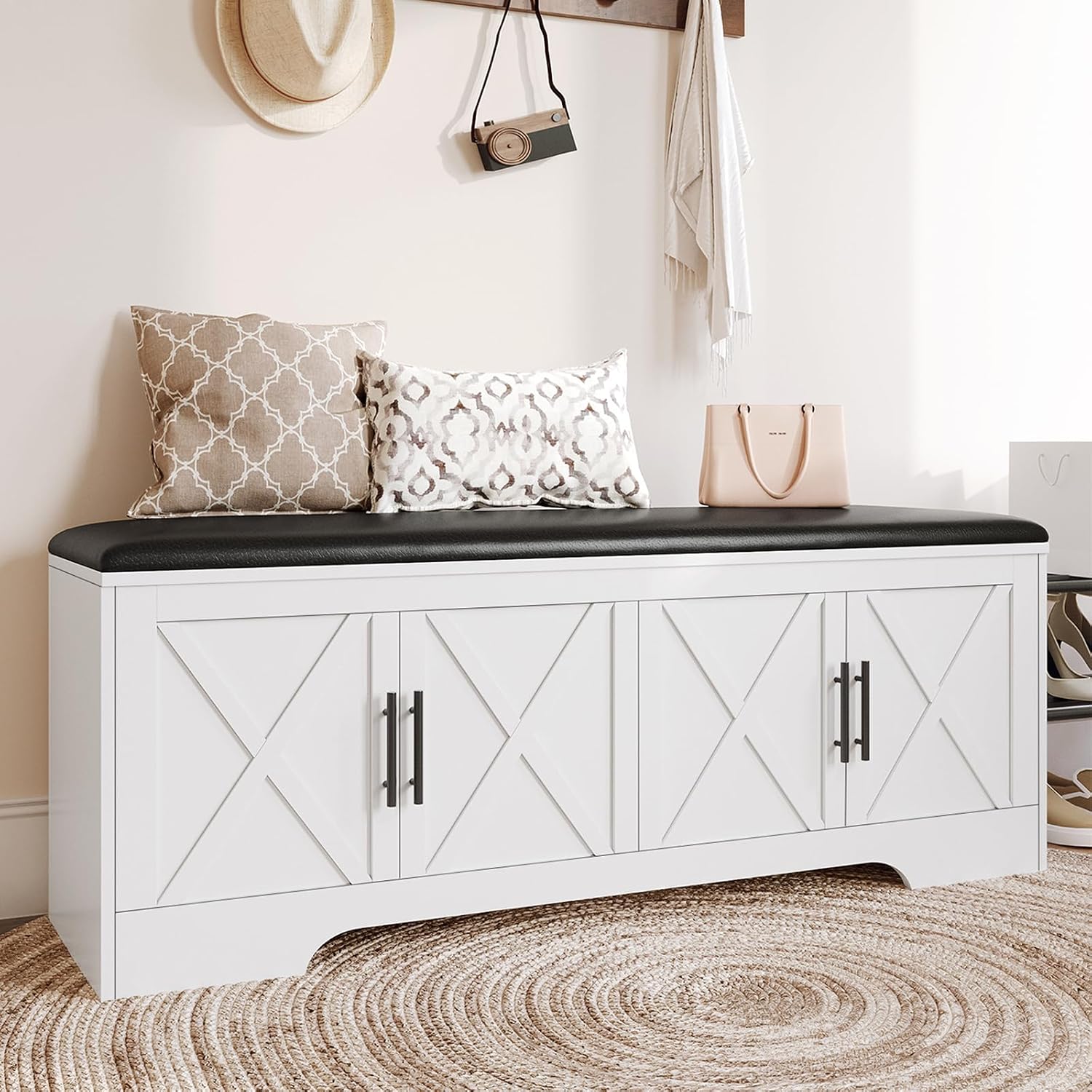DreamDashio Farmhouse Storage Bench with Lift Top Storage, 47.2' Entryway Bench with Cushioned Seat, End of Bed Bench, Wooden Storage Chest Trunks, for Entryway, Bedroom, Living Room,White