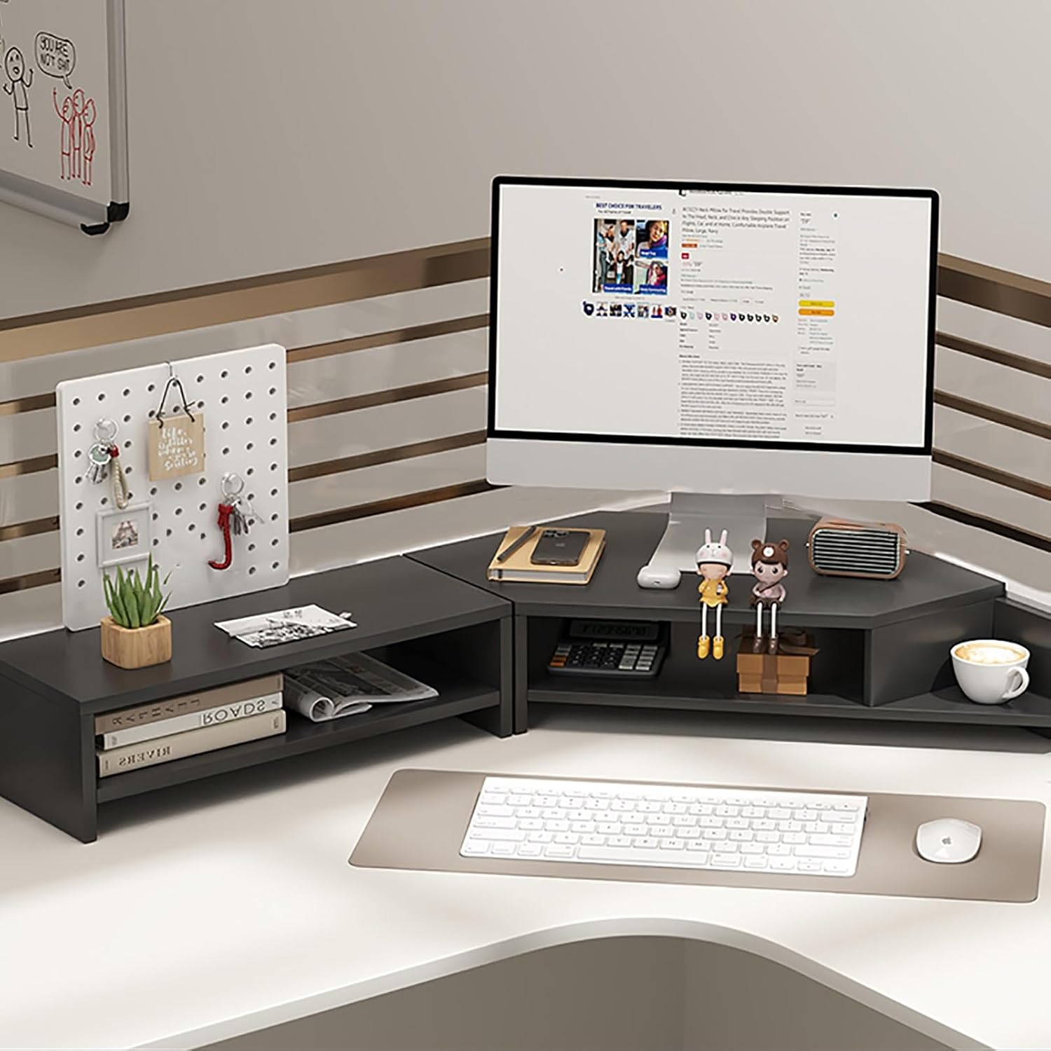 TREGOO Corner Monitor Stand Corner Monitor Stand 2 Tier Office Organizer Rack with Storage and Holey Board, Wooden Corner Monitor Stands for Desk, Monitor Shelf Riser (Color : Black)
