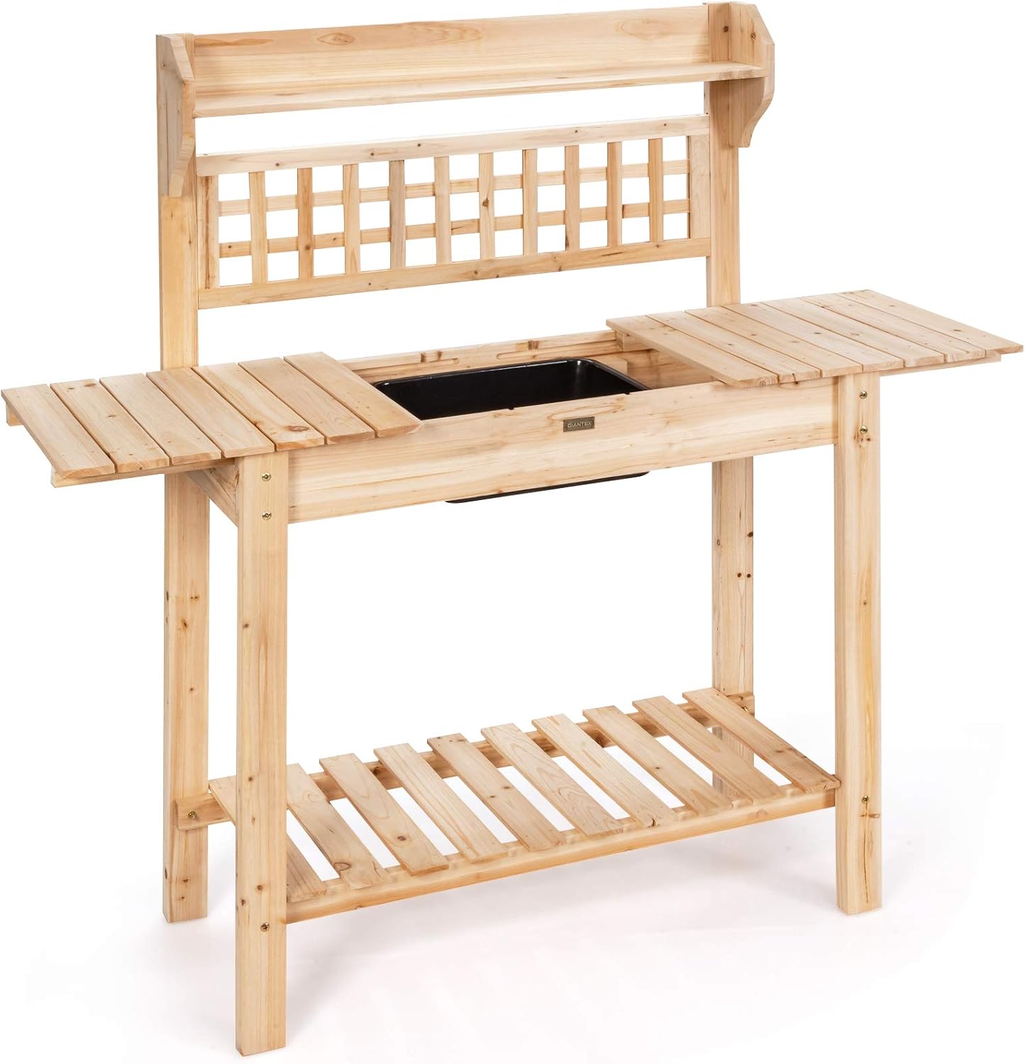 Giantex Garden Potting Bench, Outdoor Wood Work Table w/Sliding Tabletop, Planter Bench Work Station w/Removable Sink & Storage Shelves for Backyard Patio Balcony, Natural