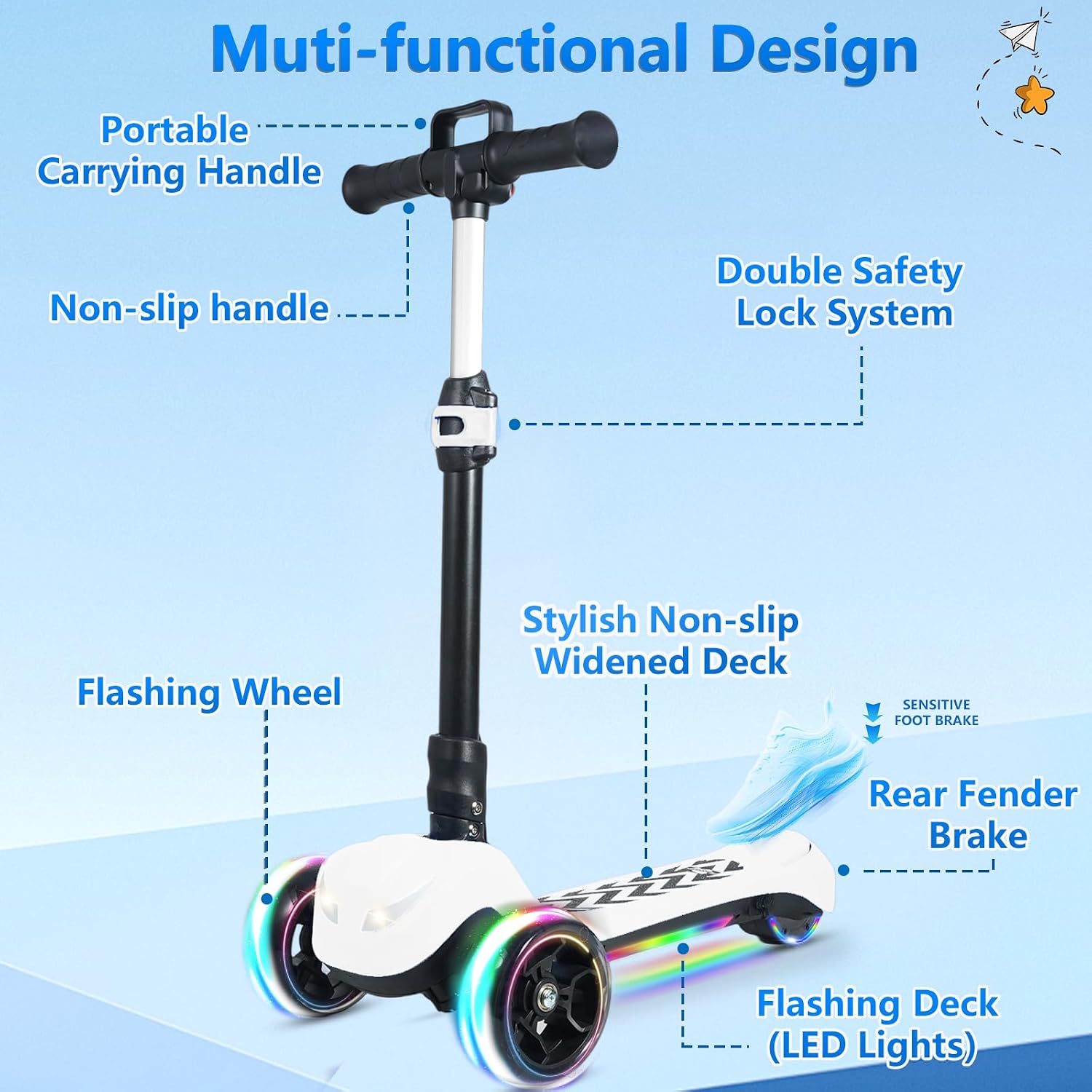 Electric Scooter for Kids Ages 3-12, Full Body Lights Up, Wide Deck, 3 Adjustable Heights, 5MPH Safe Speed, 90min Riding, Foldable 3 Wheel Electric Scooter for Kids Boys Girls Toddler