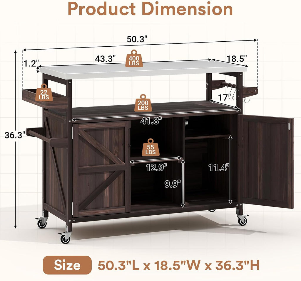Zevemomo Outdoor Grill Cart with Storage Space, Stainless Steel Tabletop Outdoor Kitchen Island, Fir Wood Outdoor Buffet Cabinet with Lockable Casters for Grilling, Brown