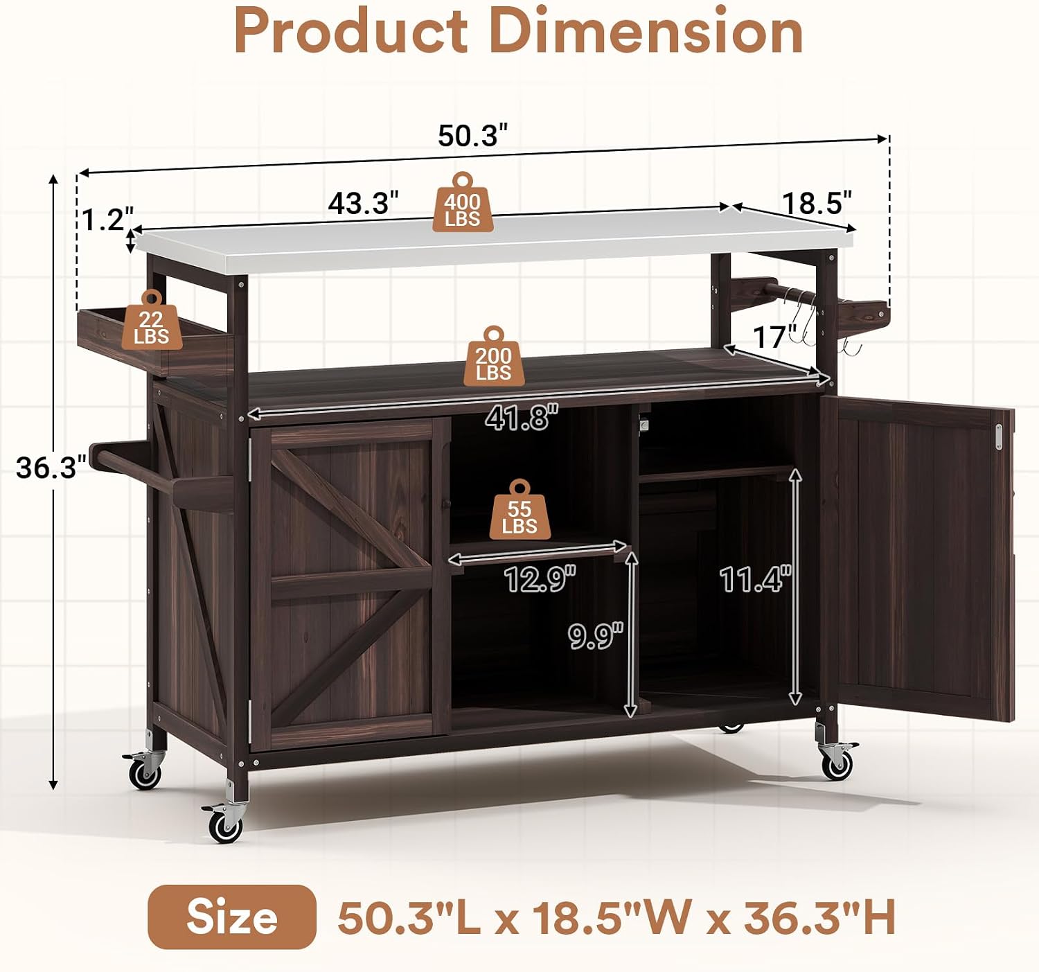 Zevemomo Outdoor Grill Cart with Storage Space, Stainless Steel Tabletop Outdoor Kitchen Island, Fir Wood Outdoor Buffet Cabinet with Lockable Casters for Grilling, Brown