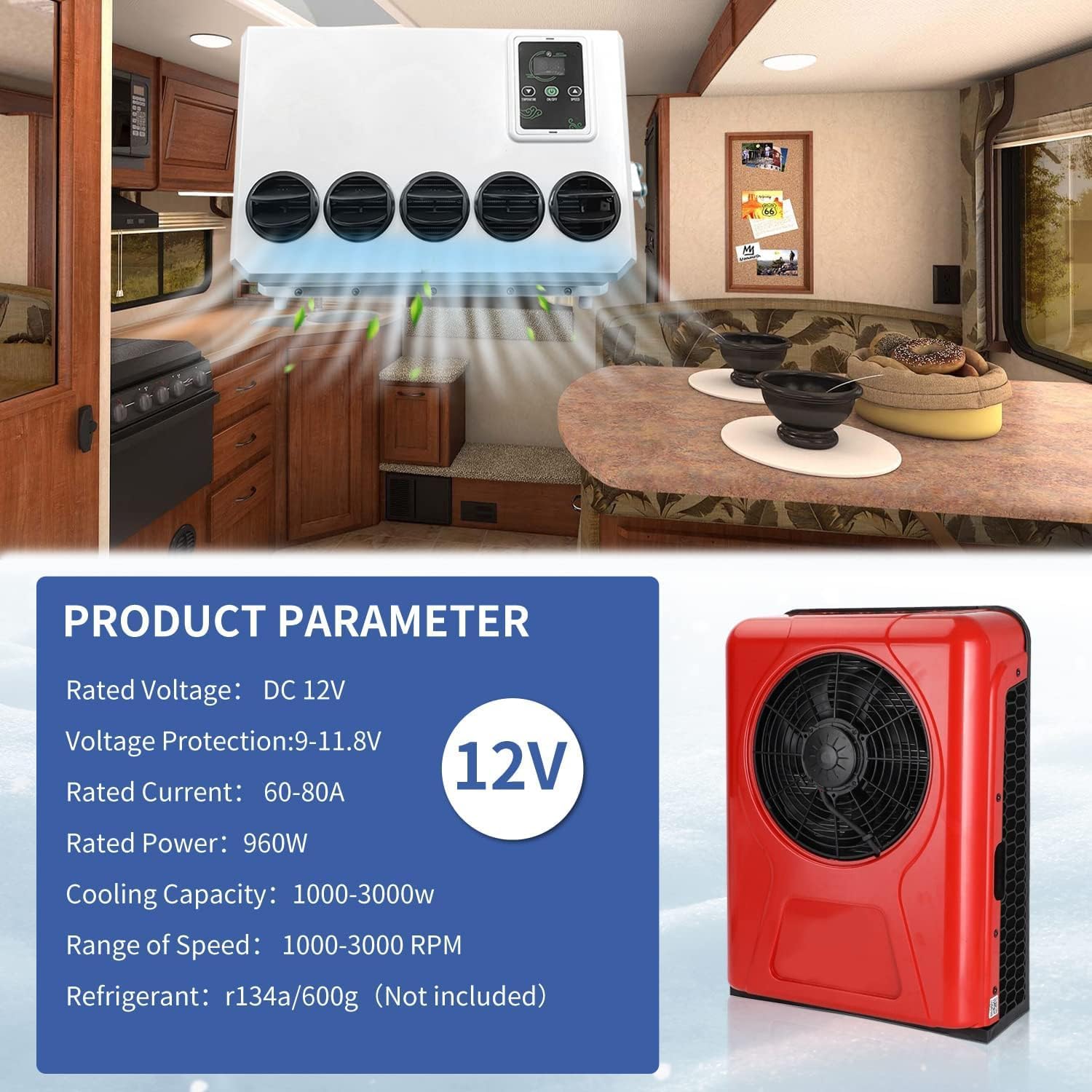 12v Mini split air conditioner 8000BTU 12V Truck air conditioner 12 Volt ac unit ，Electric parking air conditioning for semi truck Motorhome RV Boat Automotive Bus Camper Van