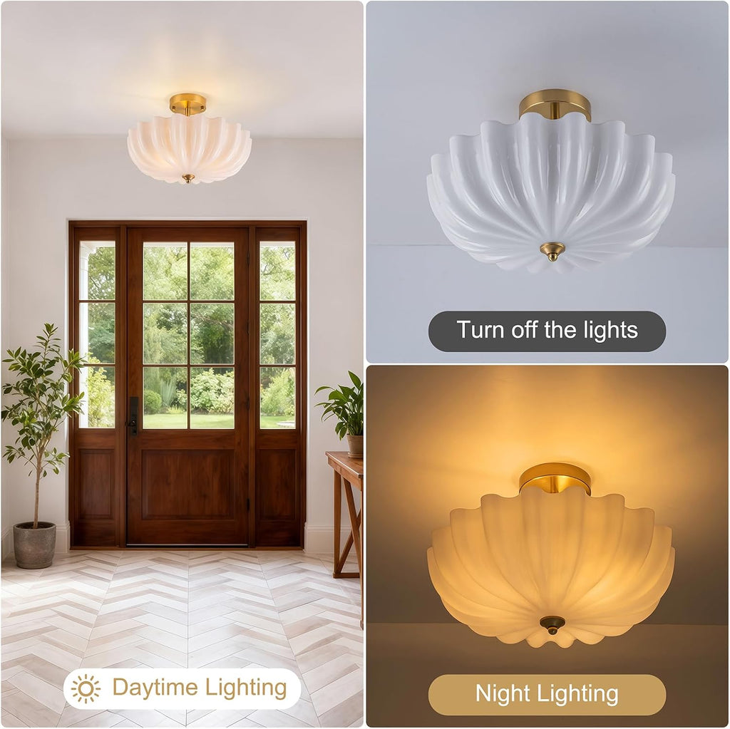 Gold Semi Flush Mount Ceiling Light, 15.7'' Milk Glass Light Fixture, 3-Light Modern Brushed Brass Ceiling Light Fixture for Hallway Entryway Foyer Living Room, E26