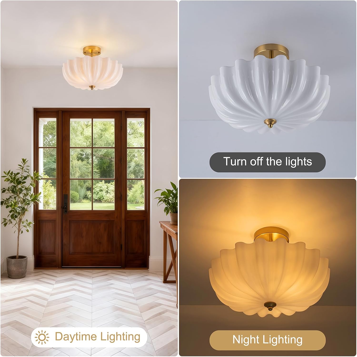 Gold Semi Flush Mount Ceiling Light, 15.7'' Milk Glass Light Fixture, 3-Light Modern Brushed Brass Ceiling Light Fixture for Hallway Entryway Foyer Living Room, E26