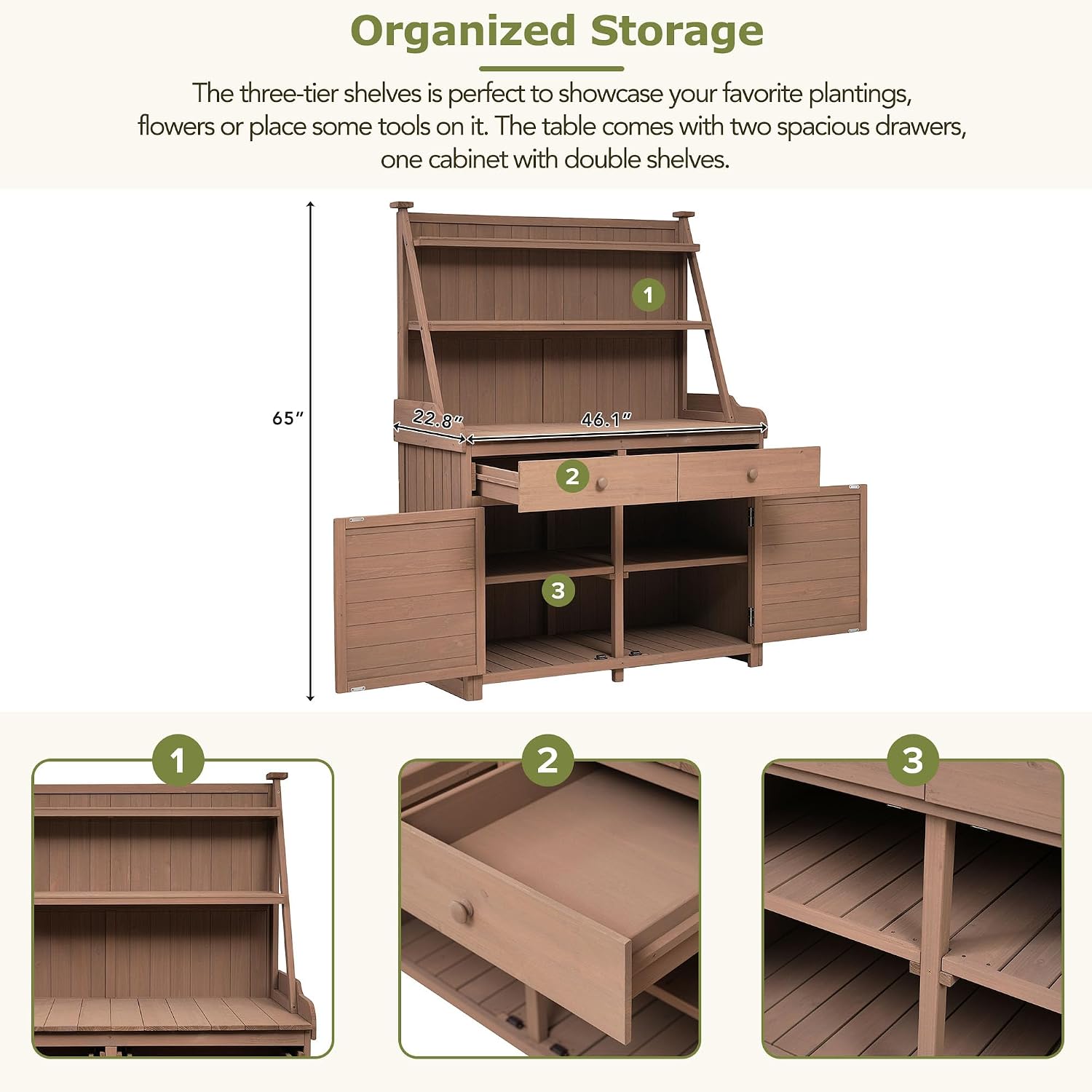 JIVOIT Modern 65inch Garden Potting Bench Table, Fir Wood Workstation with Three-Tier Storage Shelf, Two Drawer and Cabinet, Large Gardening Workstation for Outdoor Space (Brown * Fir Wood)