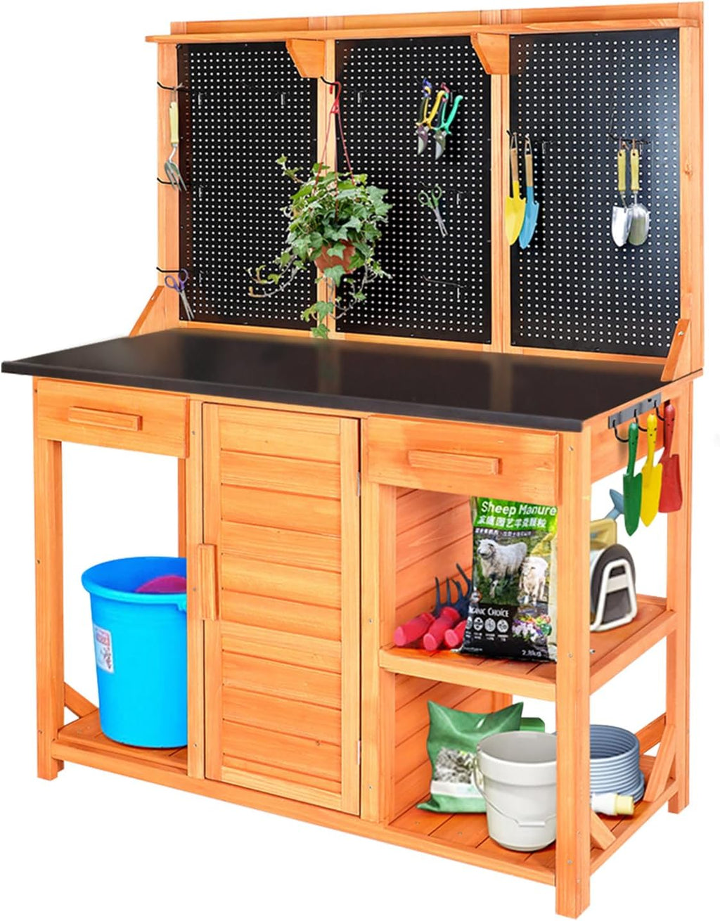 Agitree Outdoor Garden Potting Bench, Horticultural Wooden Workstation Table with Storage Drawer, Cabinet, Metal Pegboard, Adjustable Hooks and Shelves for Backyard, Patio, Greenhouse