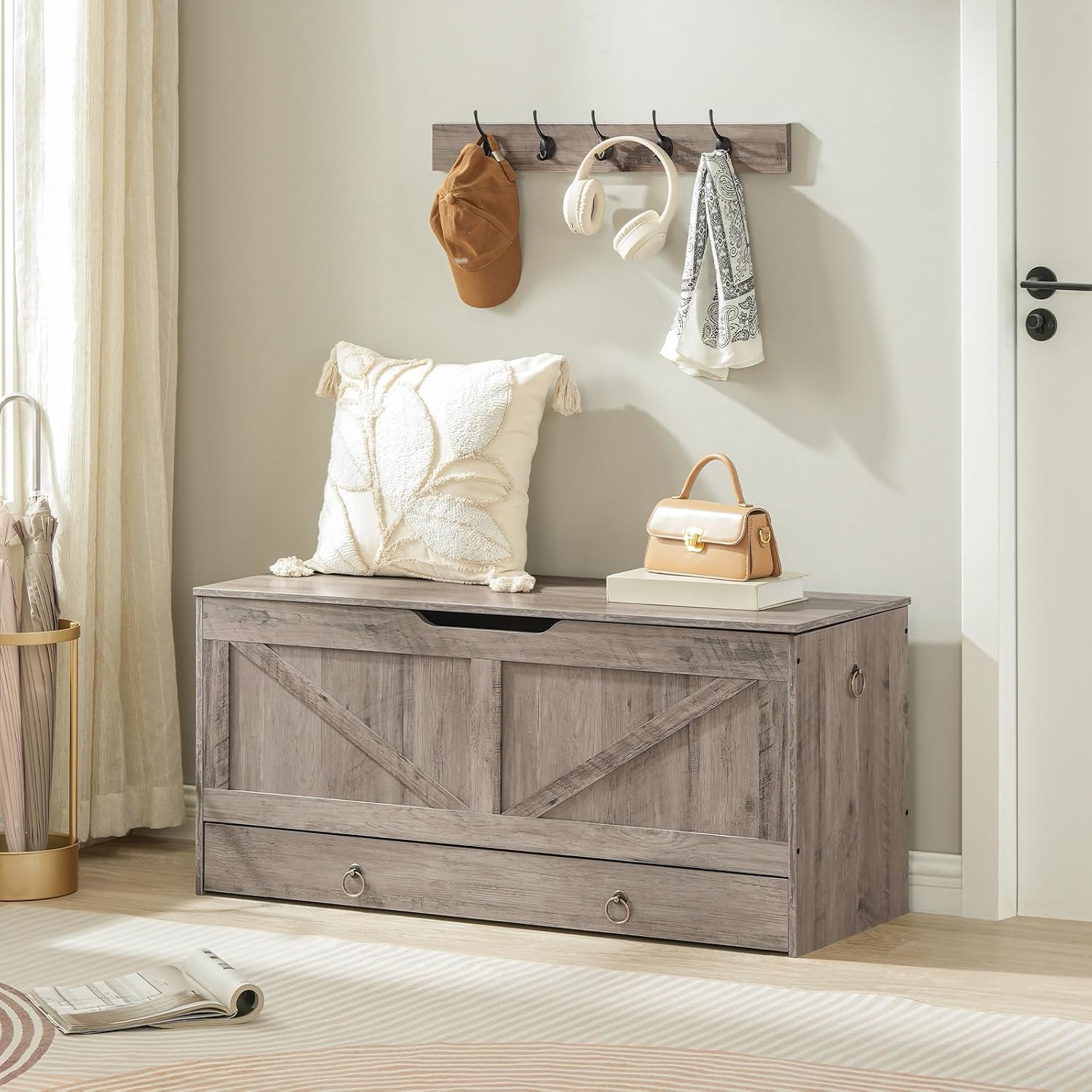 HOOBRO Storage Chest, 43.3' Toy Chest with Drawer, Wooden Storage Bench, Sturdy Entryway Bench Supports 220 lb, Shoe Bench, Safety Hinge, U-Shaped Opening, Easy Assembly, Greige BG711CW01G1