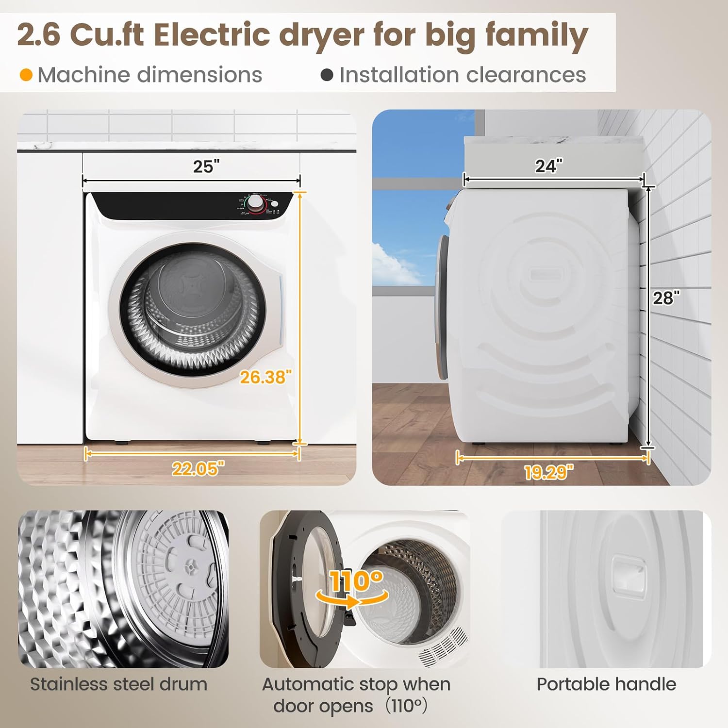 VCJ 2.6 cu.ft Portable Dryer, 1400W Electric Clothes Dryer with 5 Drying Modes & Stainless Steel Tub, Front Load Compact Dryer for Home, Apartment, Dorms