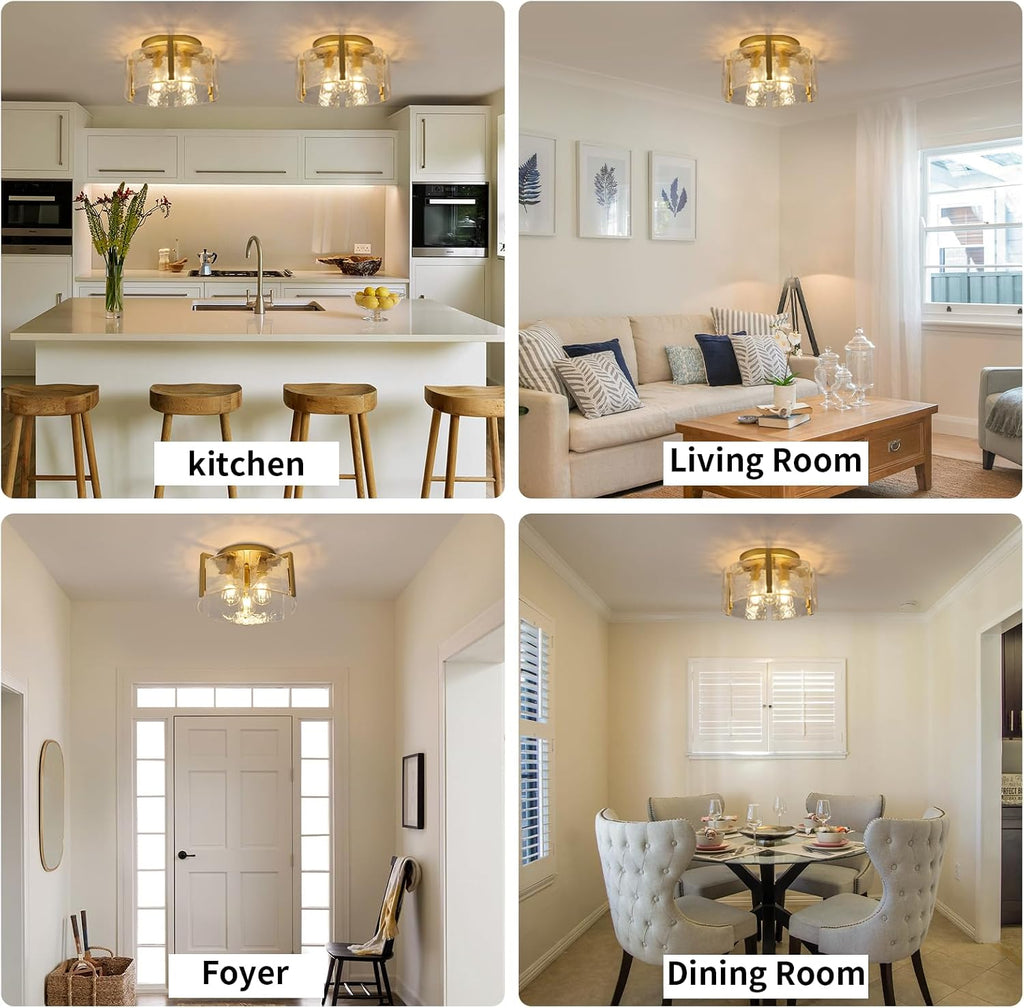 Gold Semi Flush Mount Ceiling Light Fixture, 14-Inch Farmhouse Modern Flush Mount Light Glass Drum Lights Foyer Lighting Fixtures for Kitchen Entryway Hallway Laundry Room Bedroom Bathroom