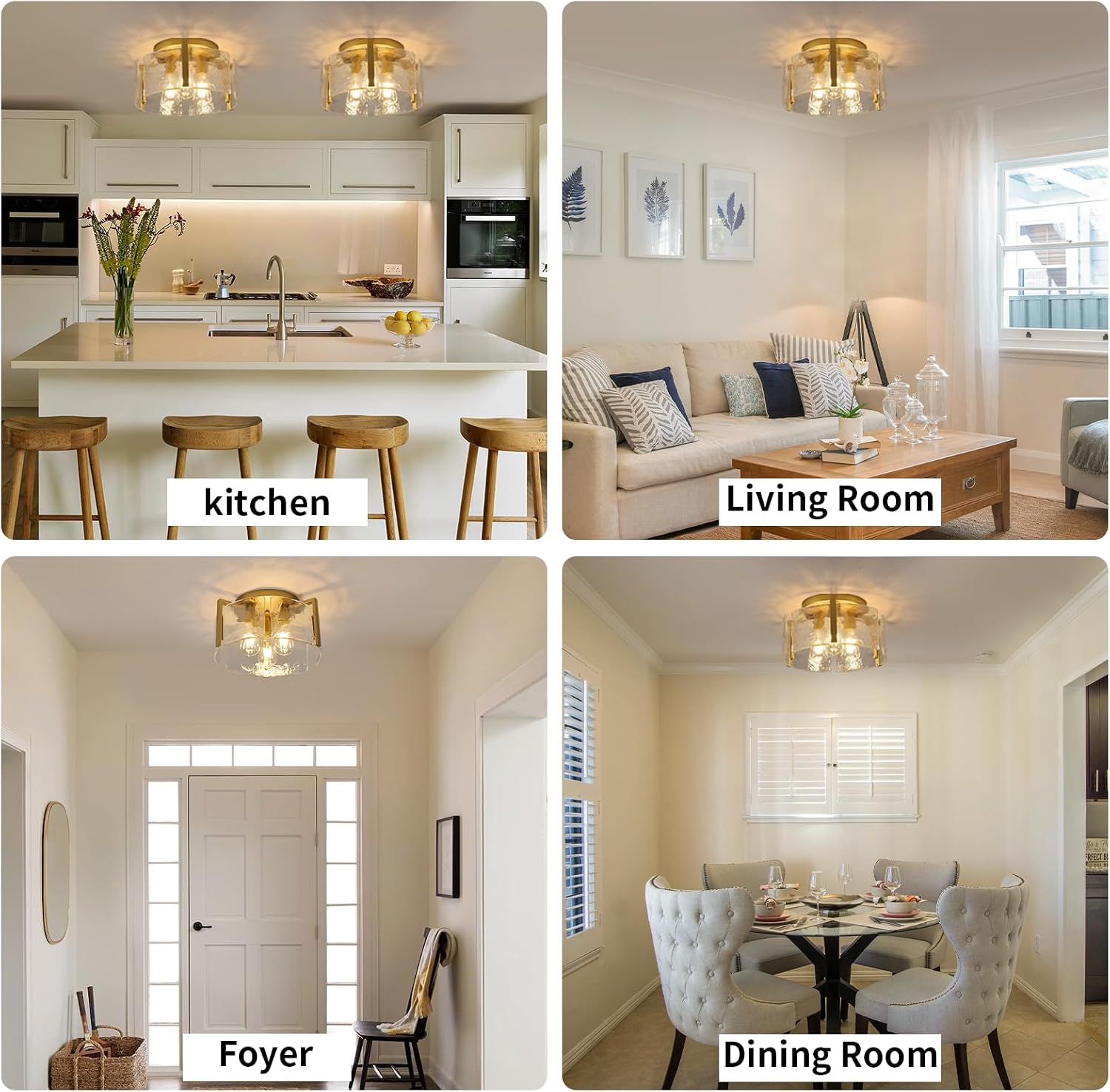 Gold Semi Flush Mount Ceiling Light Fixture, 14-Inch Farmhouse Modern Flush Mount Light Glass Drum Lights Foyer Lighting Fixtures for Kitchen Entryway Hallway Laundry Room Bedroom Bathroom