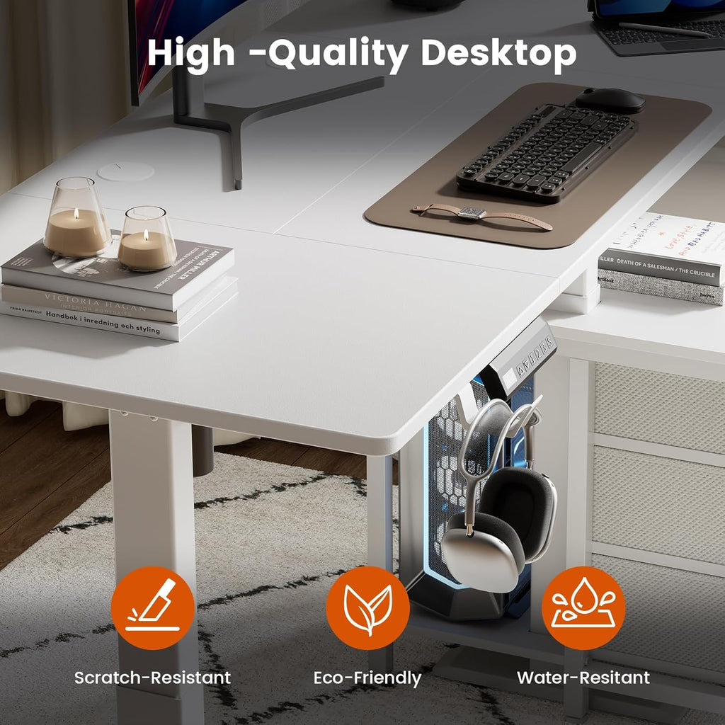 REAHOME Electric Standing Desk with Drawers, 55 x 24 Inches Height Adjustable Sit Stand Desk with Storage, 3 Memory Preset Home Office Computer Desk, Printer Cabinet, 2 Hooks, Cable Management, White