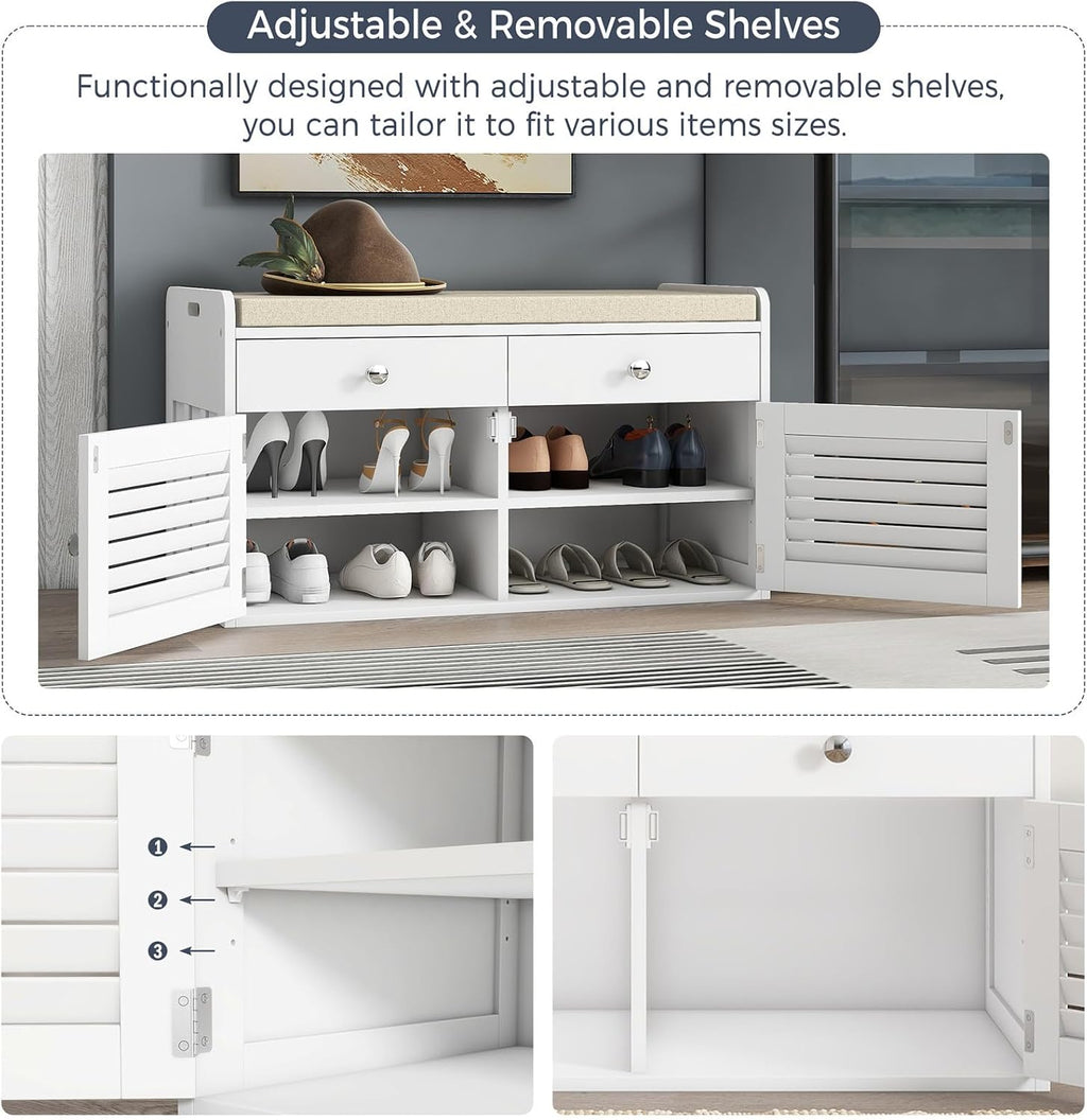 WARMHONIU Shoe Storage Bench with 2 Drawers, Entryway Bench with Cushion, Adjustable Shelves, Shoe Rack Bench with Louvered Doors for Entryway, Bedroom, Hallway, White