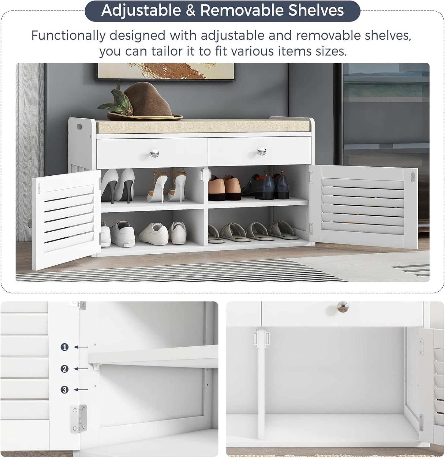 WARMHONIU Shoe Storage Bench with 2 Drawers, Entryway Bench with Cushion, Adjustable Shelves, Shoe Rack Bench with Louvered Doors for Entryway, Bedroom, Hallway, White