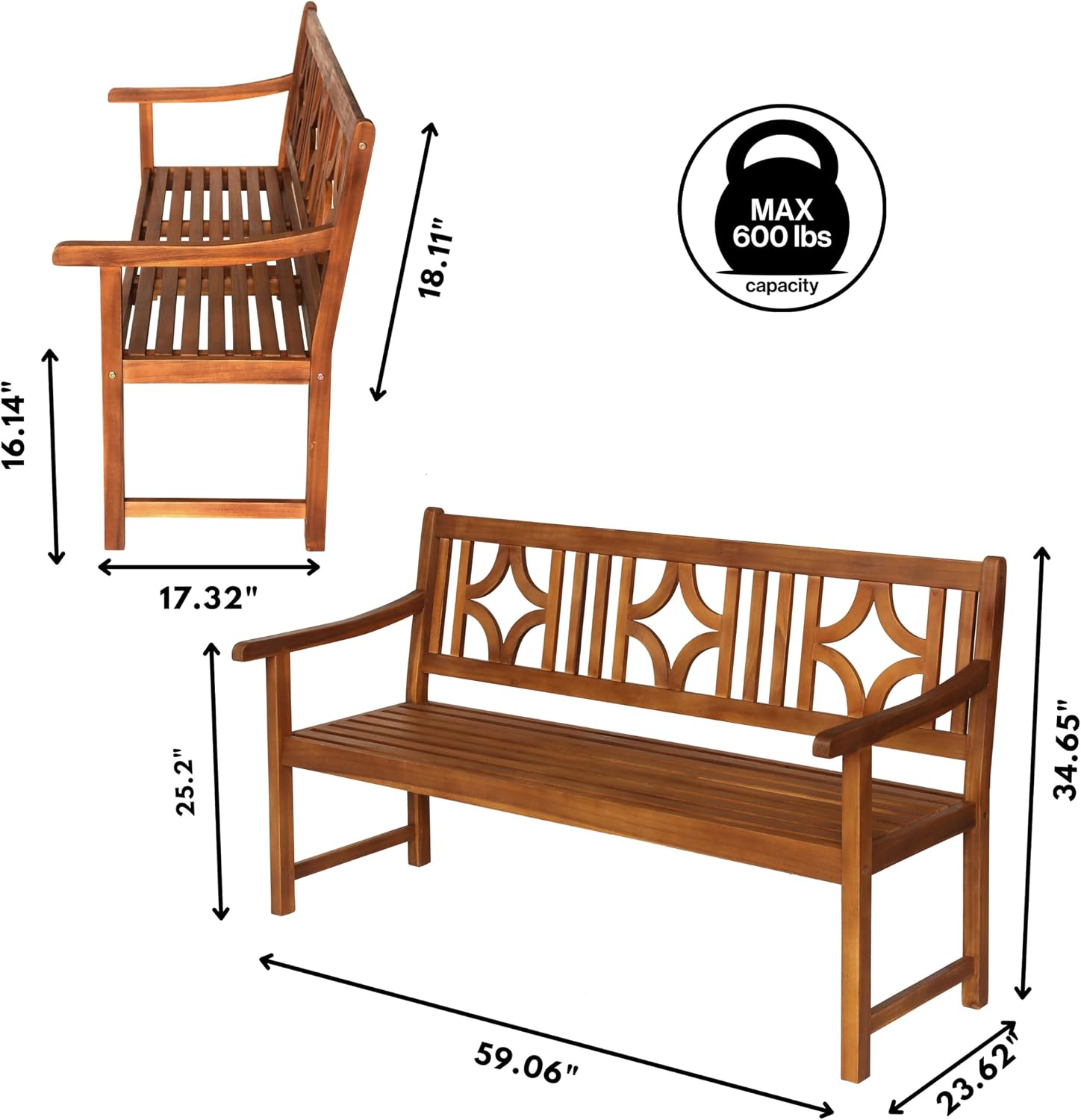 JONATHAN Y BNH100A Sloane 59.1' 3-Seat Ogee Diamond-Back 600-Lbs Support Acacia Wood Outdoor Garden Patio Bench for Garden, Lawn, Backyard, Pool, Deck, Beach, Firepit, Teak