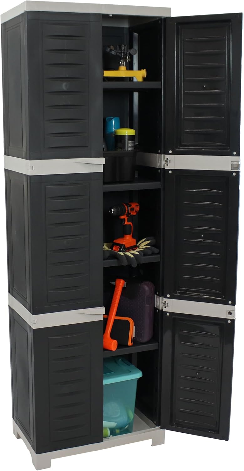 Sunnydaze 72' H Resin Garage Storage Cabinet - Garage Cabinet with Lockable Doors and Adjustable Shelves - Freestanding Utility Storage for Laundry Room, Office, Basement - Charcoal/Gray Trim