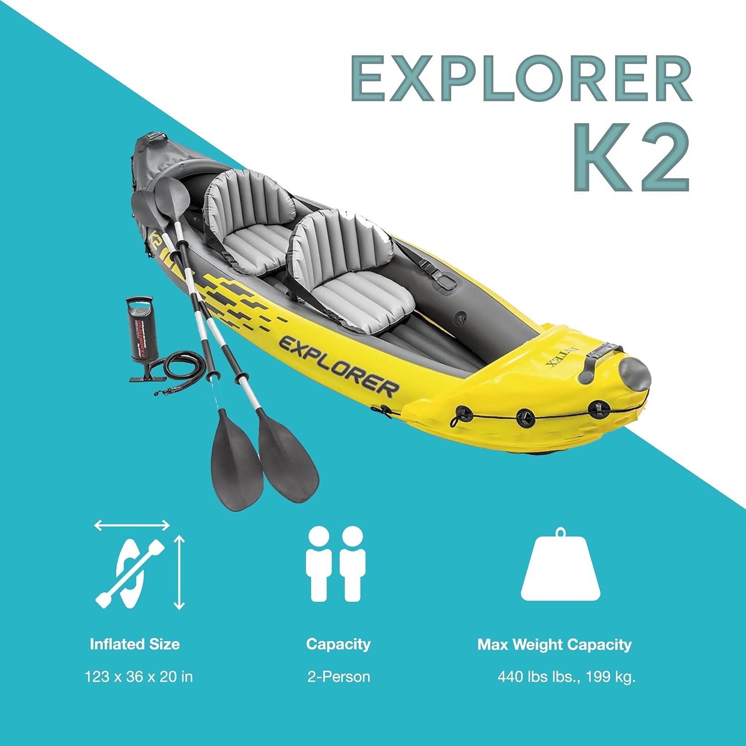 INTEX 68307EP Explorer K2 Inflatable Kayak Set: Deluxe 86in Kayak Paddles and High-Output Pump – Adjustable Seats with Backrest – Removable Skeg – 2-Person – 400lb Weight Capacity, 2 Pack