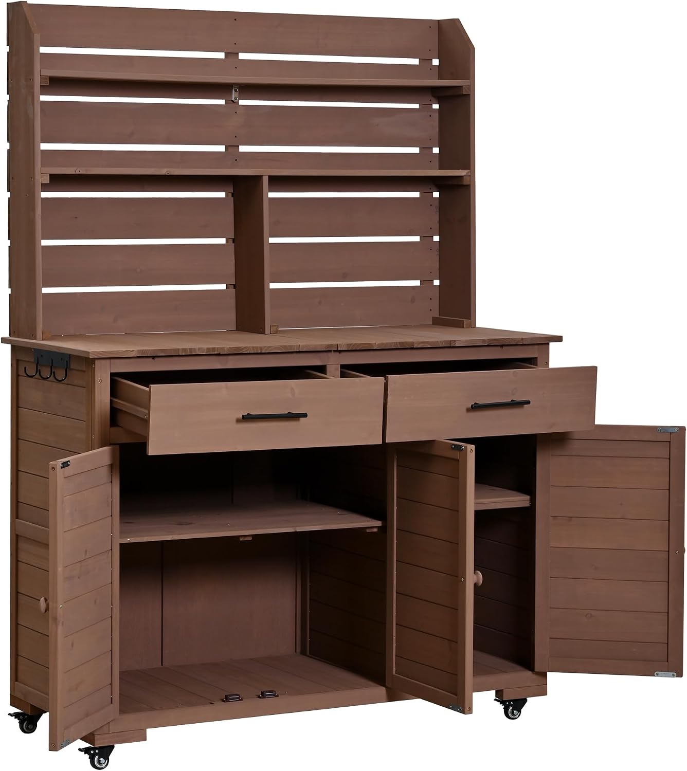 Multifunctional 3-in-1 Potting Bench Workstation with Storage & Wheels | Sturdy Fir Wood | Outdoor Garden, Patio, BBQ Prep Station (Brown-W)
