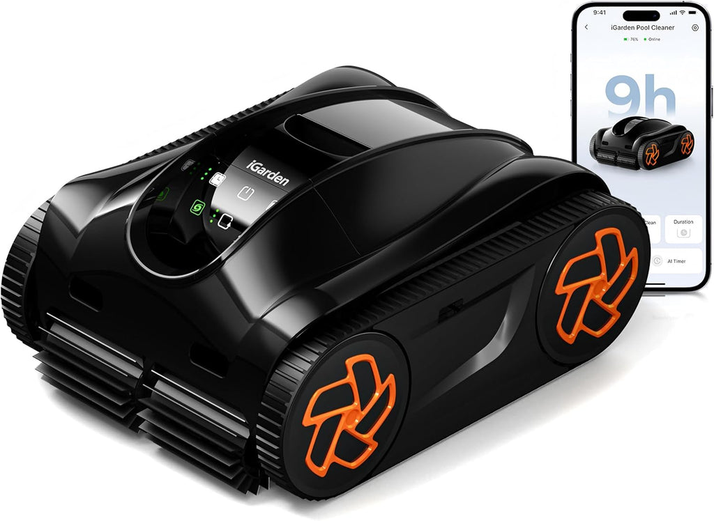 iGarden Robotic Pool Cleaner K90, 9H Runtime Cordless Pool Vacuum Robot, Turbo 200% Suction, Smart 3D Navigation, Touchscreen, for In-Ground & Above Ground Pools, Black