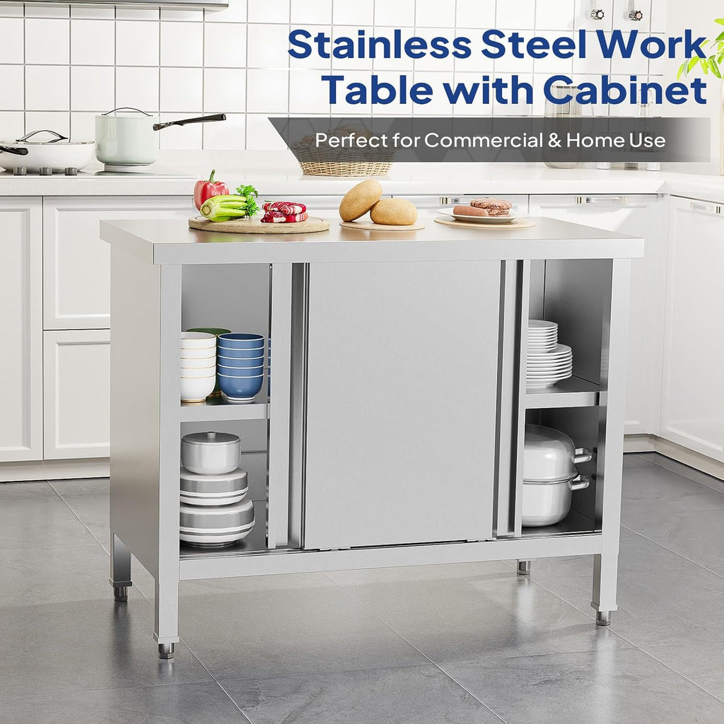 ROVSUN Stainless Steel Table with Cabinet 39 x 19 inches, NSF Commercial Heavy Duty Prep & Work Table with 2 Sliding Doors for Kitchen, Restaurant, Home, Hotel, Garage, Laundry