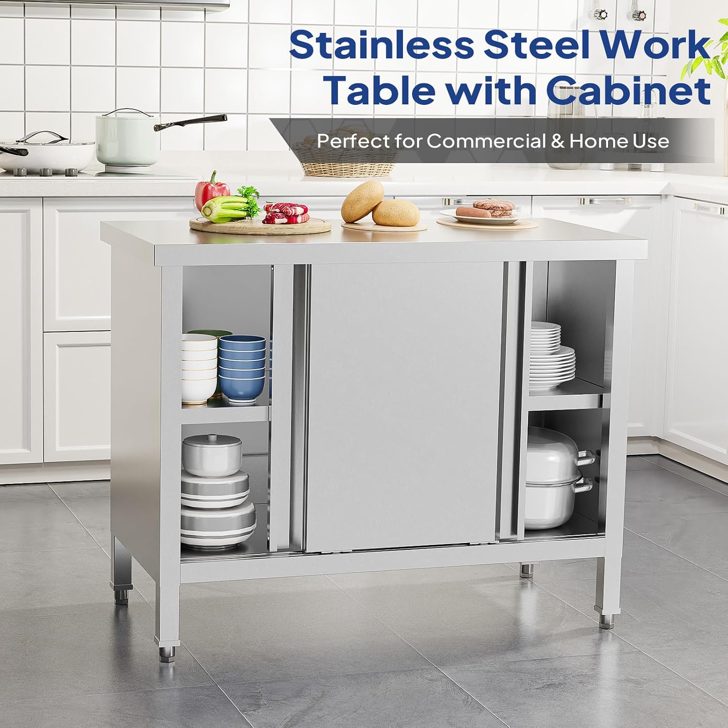 ROVSUN Stainless Steel Table with Cabinet 39 x 19 inches, NSF Commercial Heavy Duty Prep & Work Table with 2 Sliding Doors for Kitchen, Restaurant, Home, Hotel, Garage, Laundry