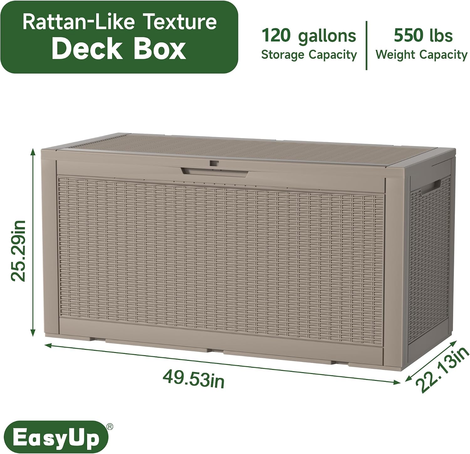 EasyUp 120 Gallon Outdoor Storage Box Waterproof, UV Resistant Resin Deck Box with Hydraulic Rod, Reinforced Stability for Patio, Garden, Rattan Gray