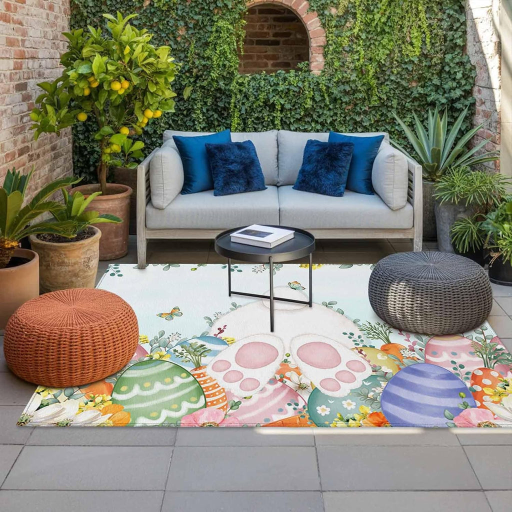 Cute Easter Bunny Outdoor Rug for Patio/Deck/Porch, Non-Slip Large Area Rug 6 x 9 Ft, Eucalyptus Leaves Colorful Eggs Teal Indoor Outdoor Rugs Washable Area Rugs, Reversible Camping Rug Carpet Runner