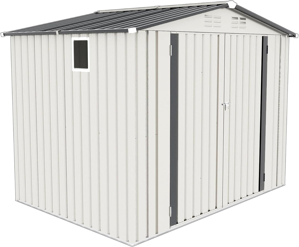 CHUNLY 8 x 6 ft Outdoor Storage Shed w/Side Window and Lockable Door, All Weather Tool Shed with Pitched Roof Waterproof, Storage Garden Shed Storage Room for Patio Backyard Lawn, White + Gray