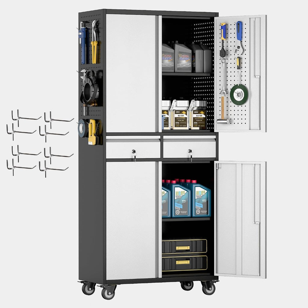 Reemoon Garage Storage Cabinet with Wheels and Doors,71' H Metal Storage Cabinet with Pegboard and 2 Drawers for Garage, Warehouse,Home,Required Assembly,Black and Silver