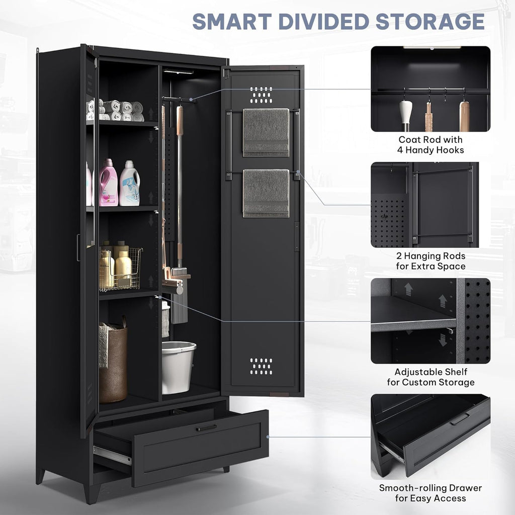 YITAHOME 71' Metal Garage Broom Cabinets with Adjustable Shelves, Vacuum Storage Cabinet with Doors and Drawer, Tool Storage Cabinet for Gym, Basement, Warehouse, Black, Metal