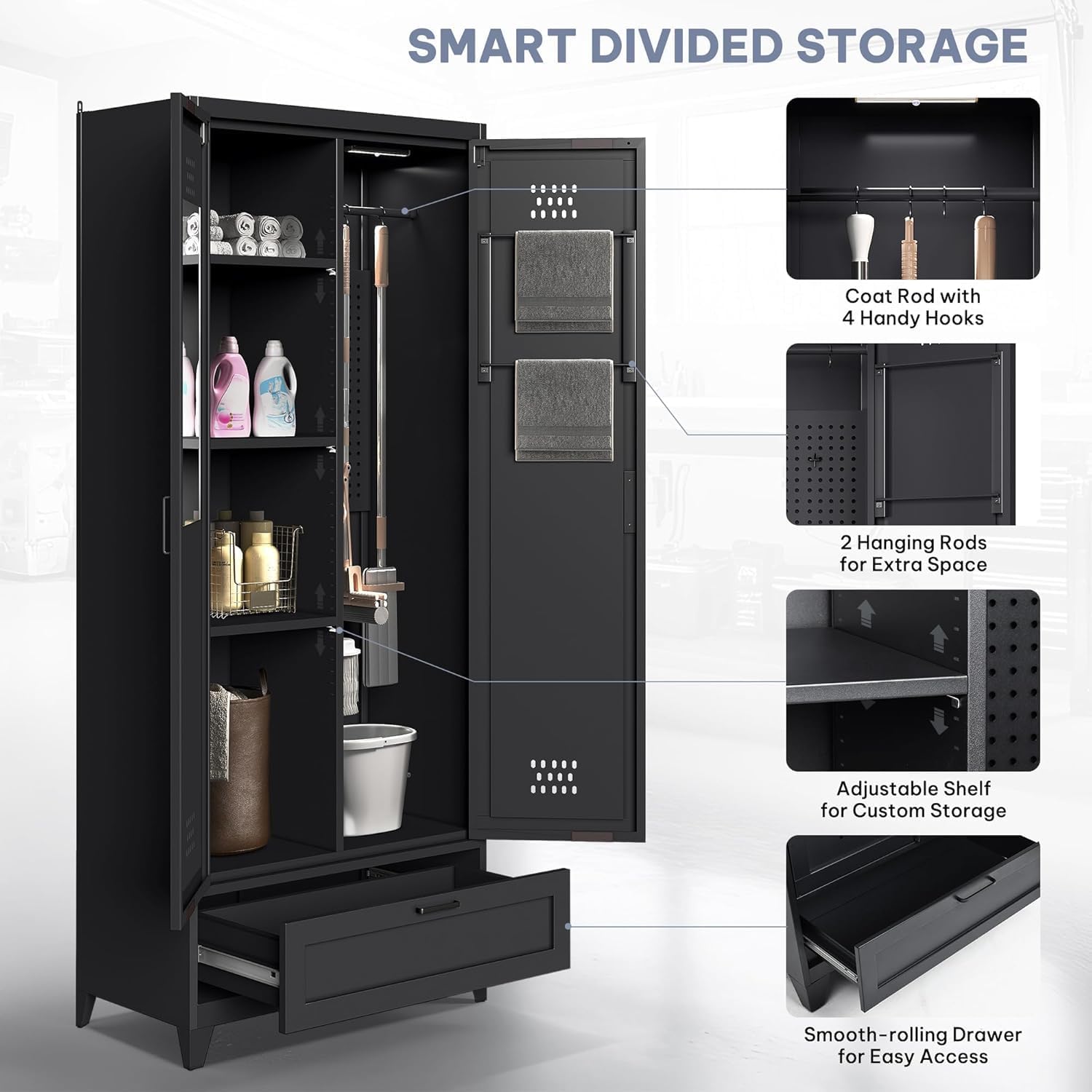 YITAHOME 71' Metal Garage Broom Cabinets with Adjustable Shelves, Vacuum Storage Cabinet with Doors and Drawer, Tool Storage Cabinet for Gym, Basement, Warehouse, Black, Metal